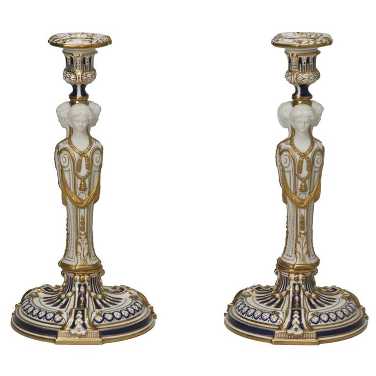 Minton Neoclassical Figural Candlesticks with Parian Faces For Sale