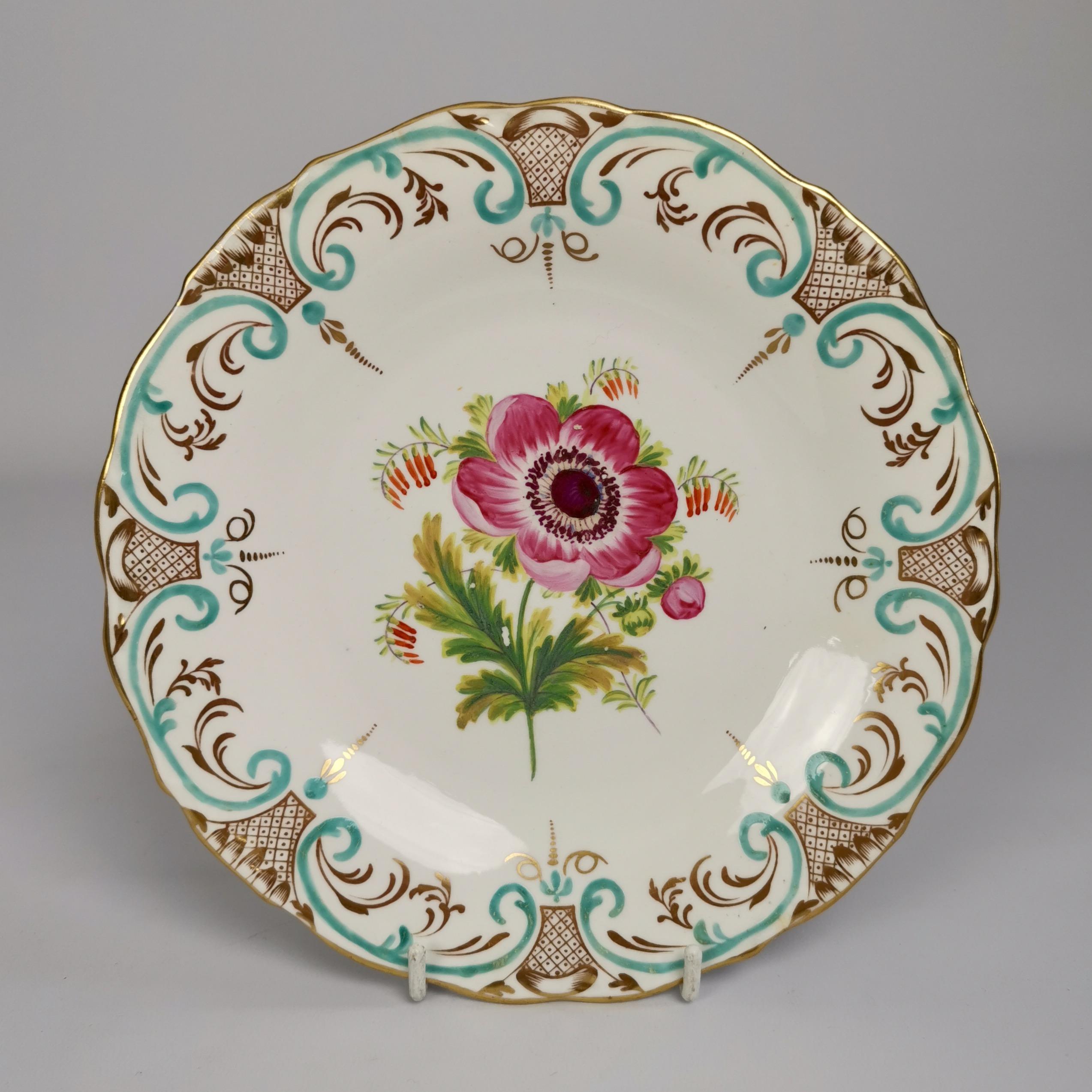 English Minton Pair of Porcelain Plates, Pink and Yellow Ranunculi, Victorian, ca 1850