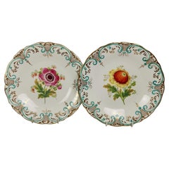 Minton Pair of Porcelain Plates, Pink and Yellow Ranunculi, Victorian, ca 1850