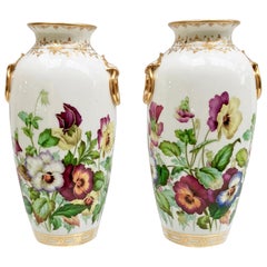 Used Minton Pair of Porcelain Vases, Pansies Painted by Jesse Smith, Victorian, 1853