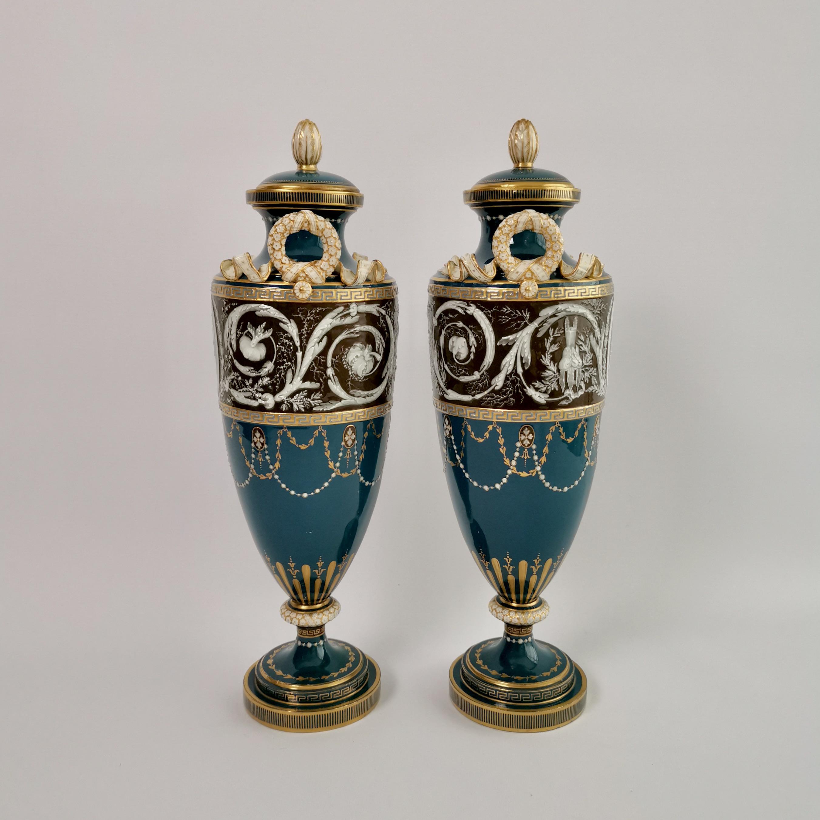 Victorian Minton Pair of Porcelain Vases - Urns, Pâte-sur-Pâte by Harry Hollins, 1873-1891