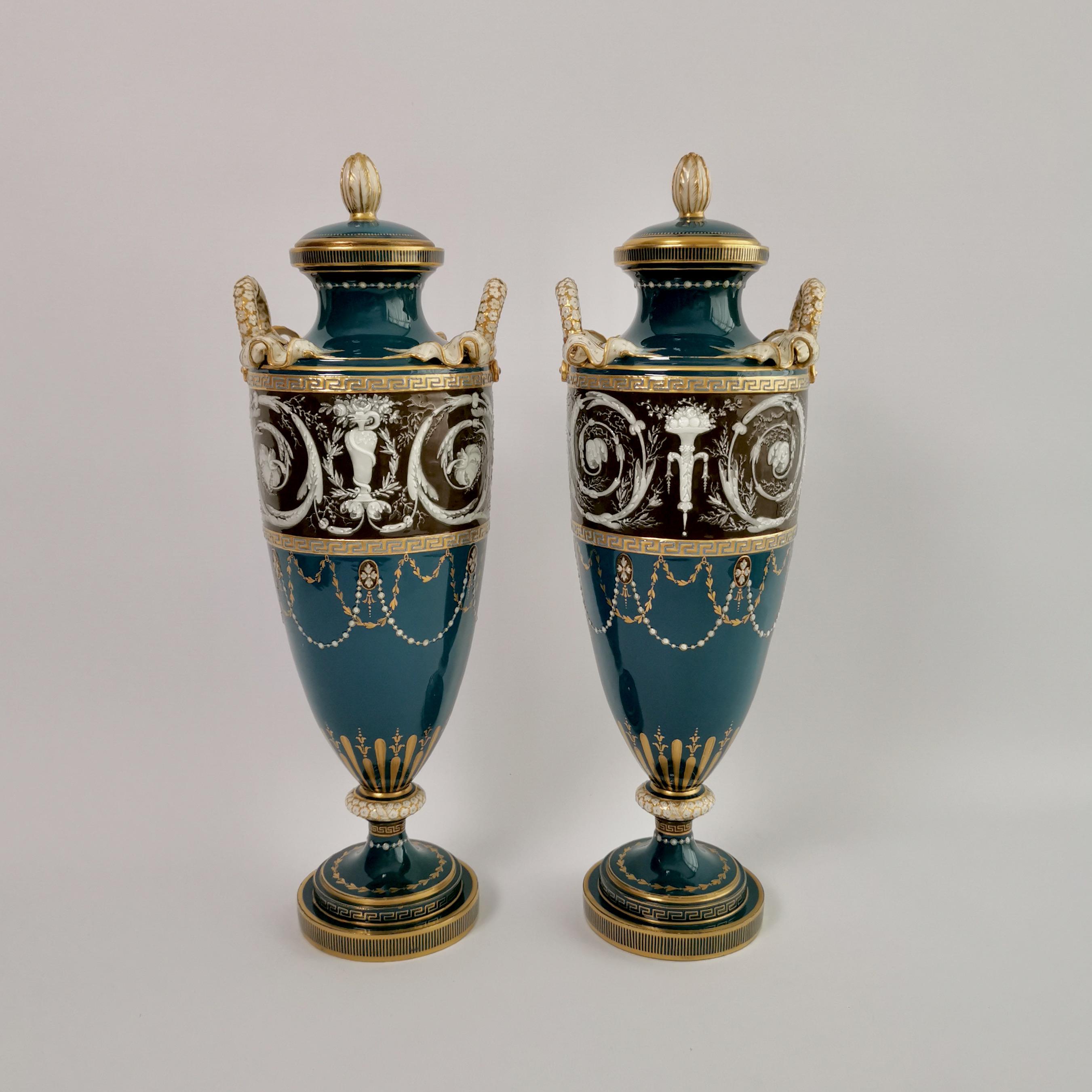 English Minton Pair of Porcelain Vases - Urns, Pâte-sur-Pâte by Harry Hollins, 1873-1891