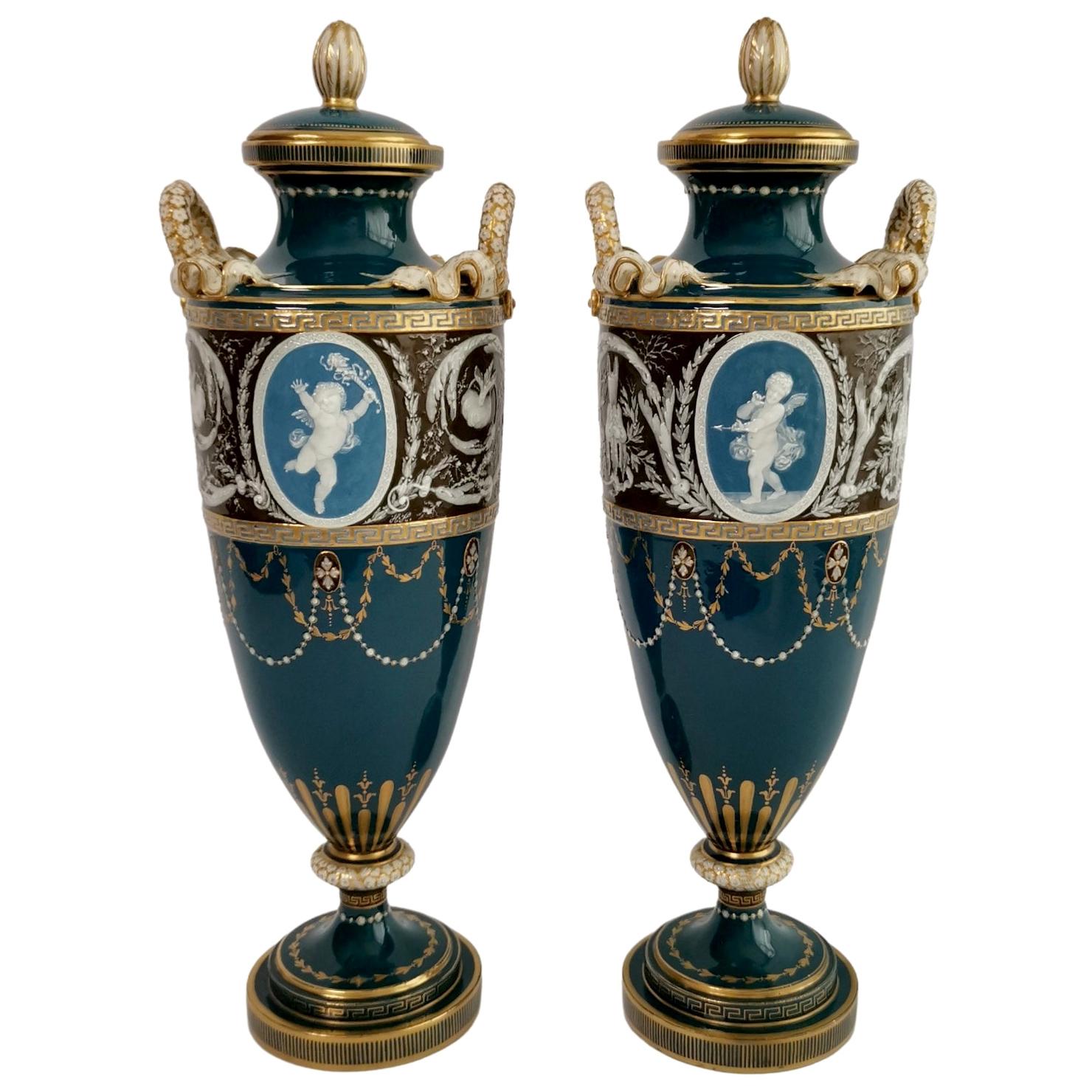 Minton Pair of Porcelain Vases - Urns, Pâte-sur-Pâte by Harry Hollins, 1873-1891