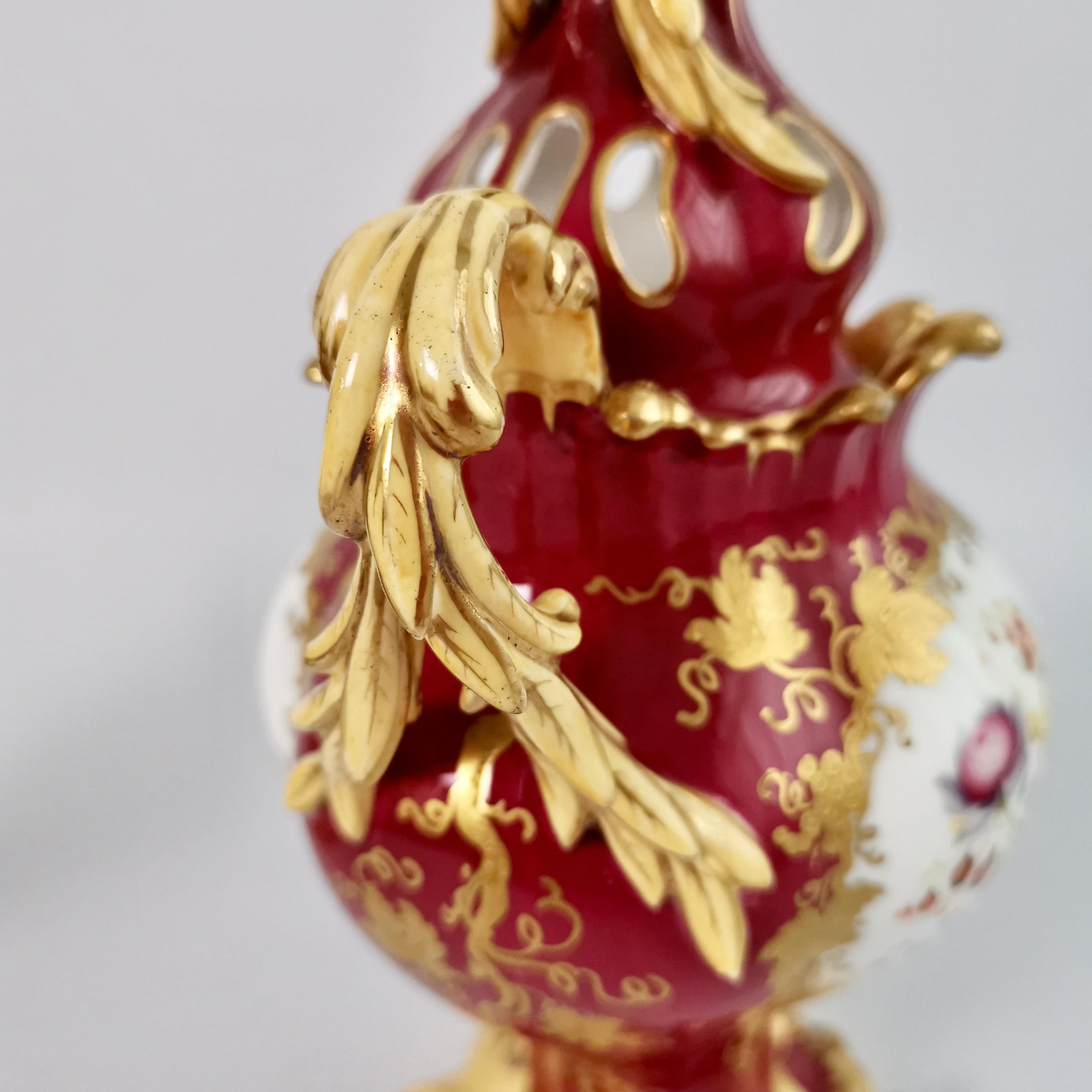 H&R Daniel Pair of Potpourri Vases, Maroon, Birds, Flowers, Rococo Revival c1840 For Sale 3
