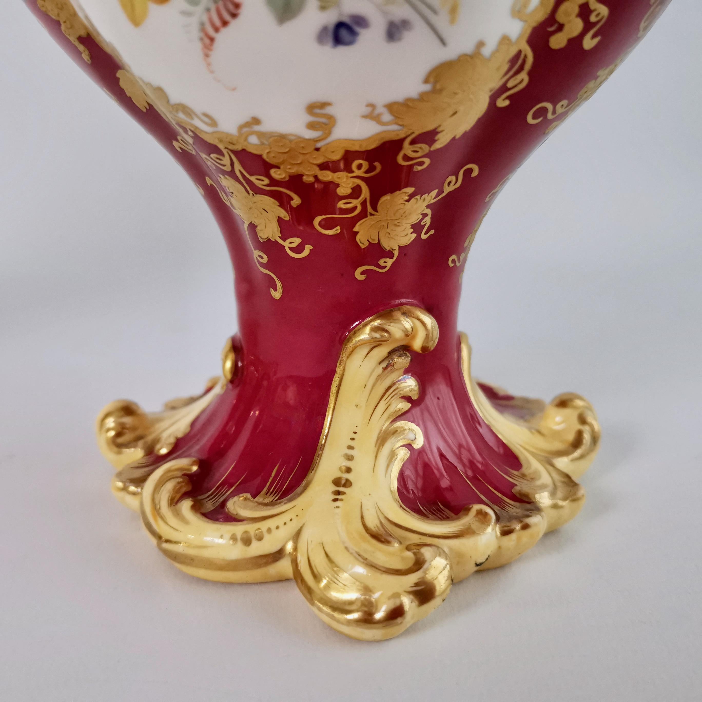 H&R Daniel Pair of Potpourri Vases, Maroon, Birds, Flowers, Rococo Revival c1840 For Sale 5