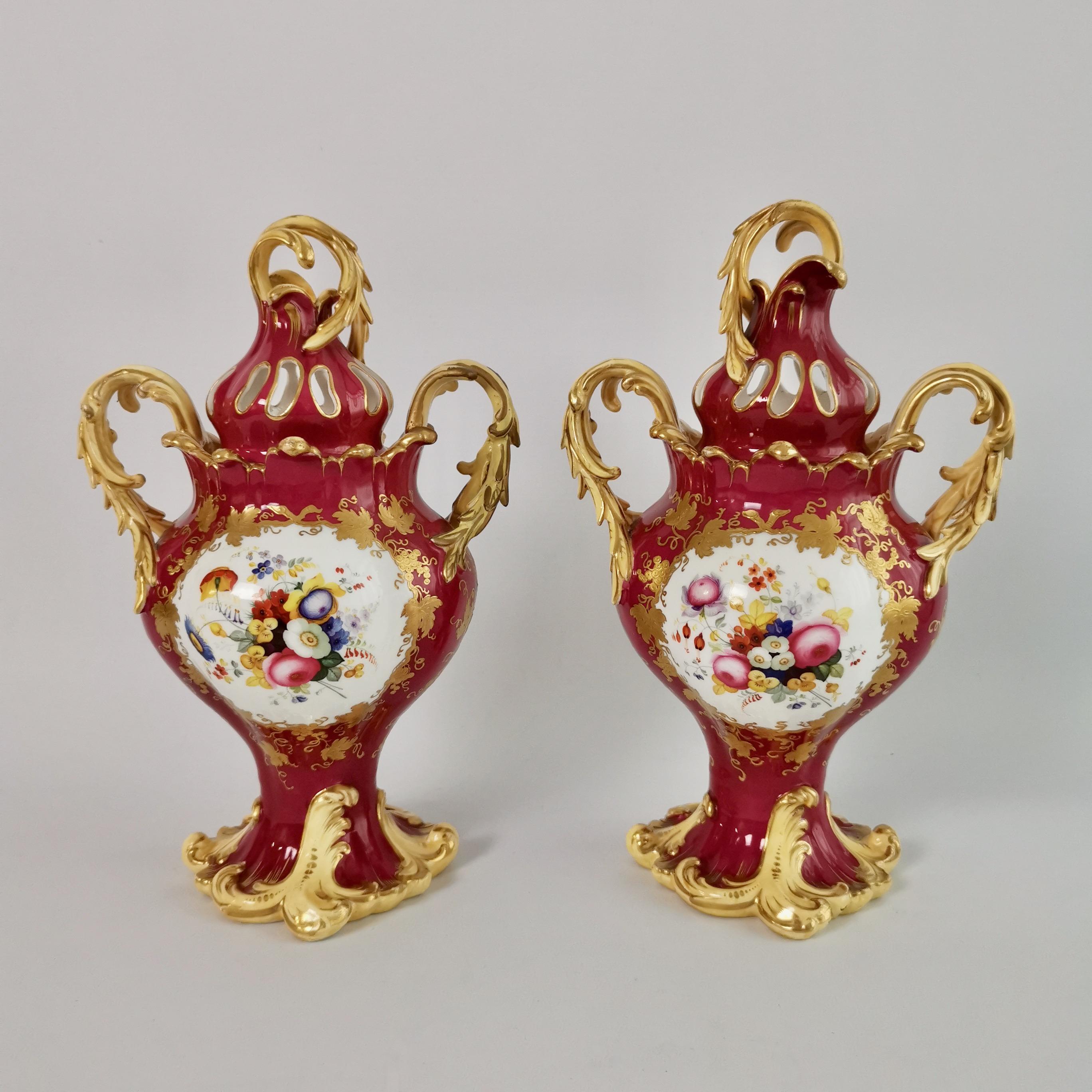 English H&R Daniel Pair of Potpourri Vases, Maroon, Birds, Flowers, Rococo Revival c1840 For Sale