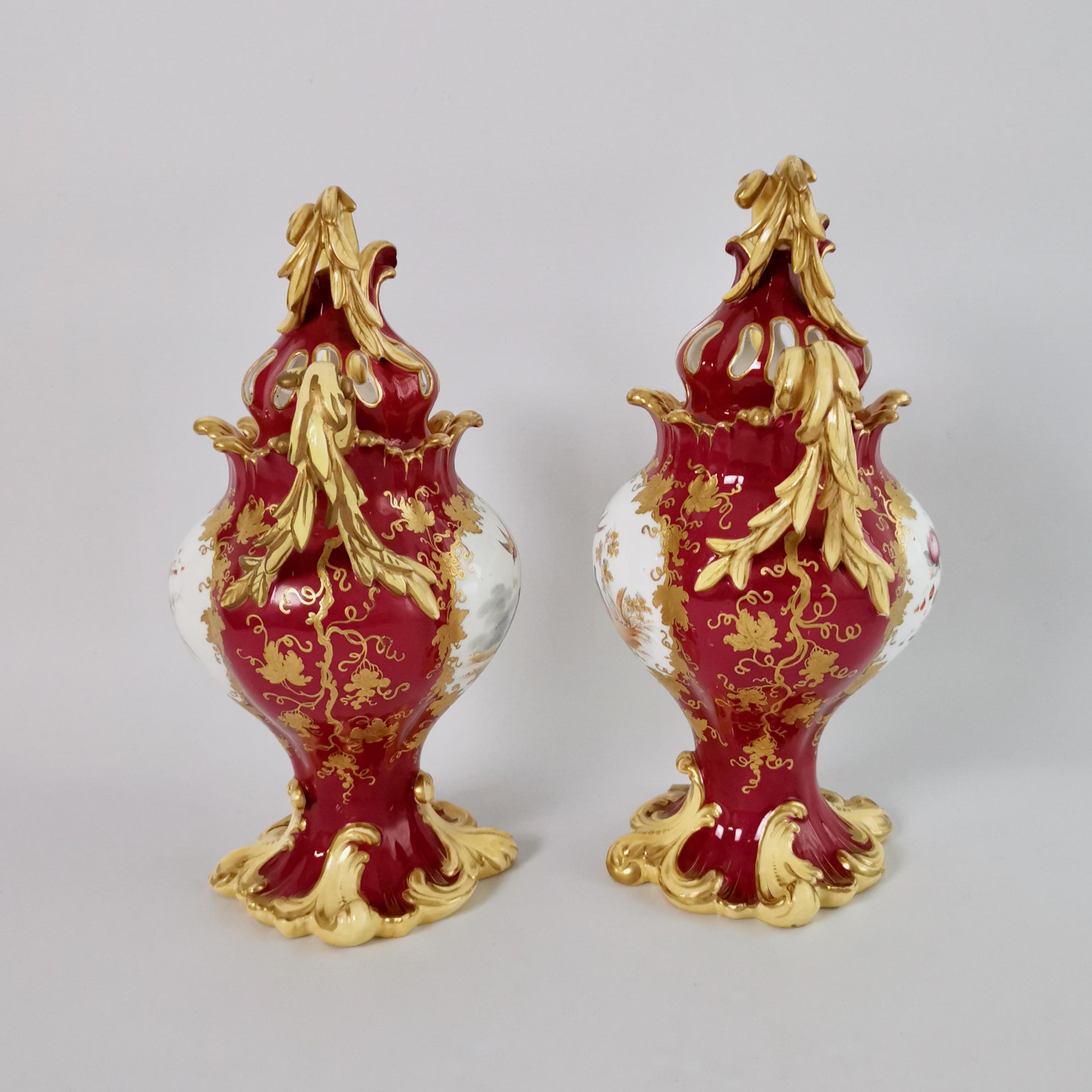 Hand-Painted H&R Daniel Pair of Potpourri Vases, Maroon, Birds, Flowers, Rococo Revival c1840 For Sale