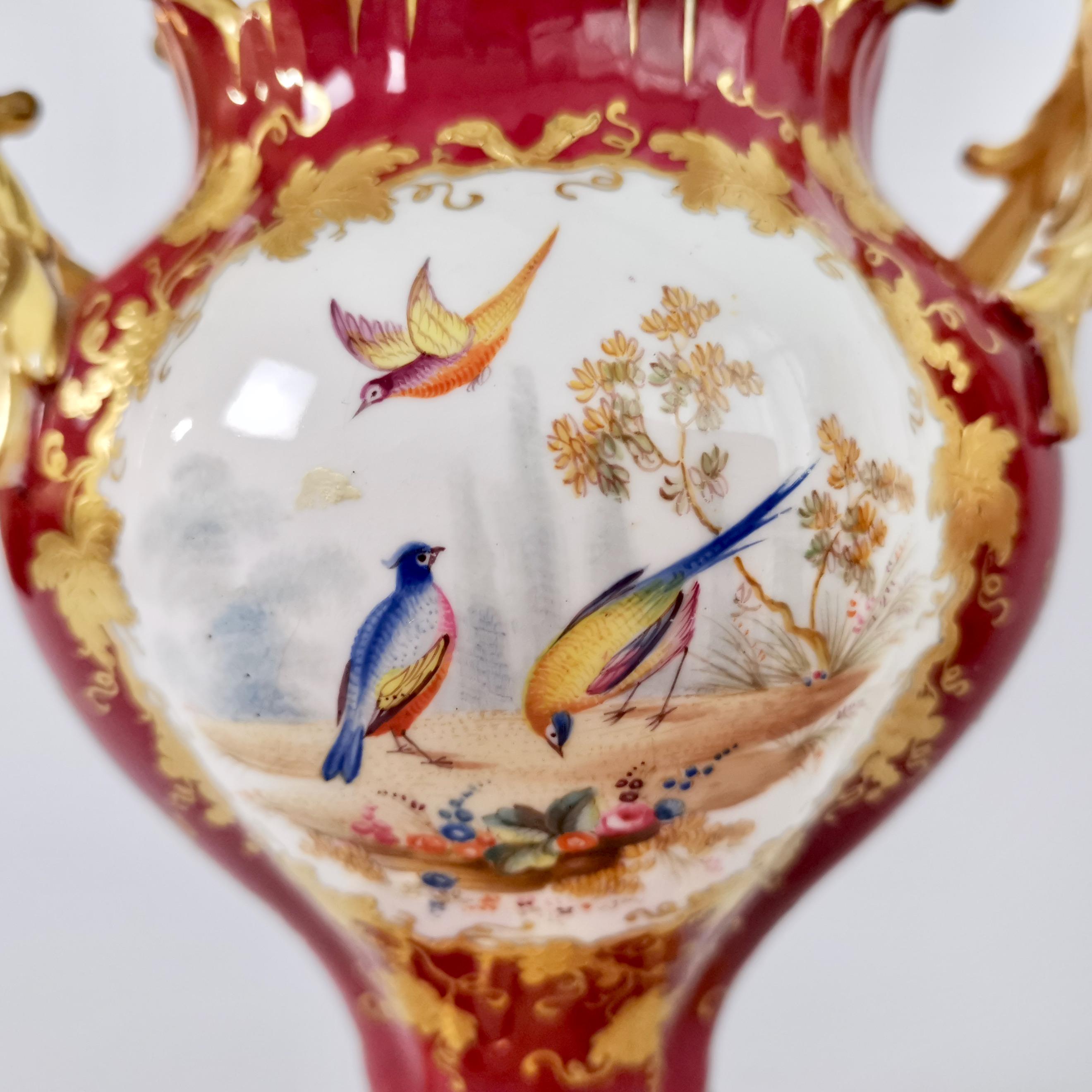 H&R Daniel Pair of Potpourri Vases, Maroon, Birds, Flowers, Rococo Revival c1840 In Good Condition For Sale In London, GB