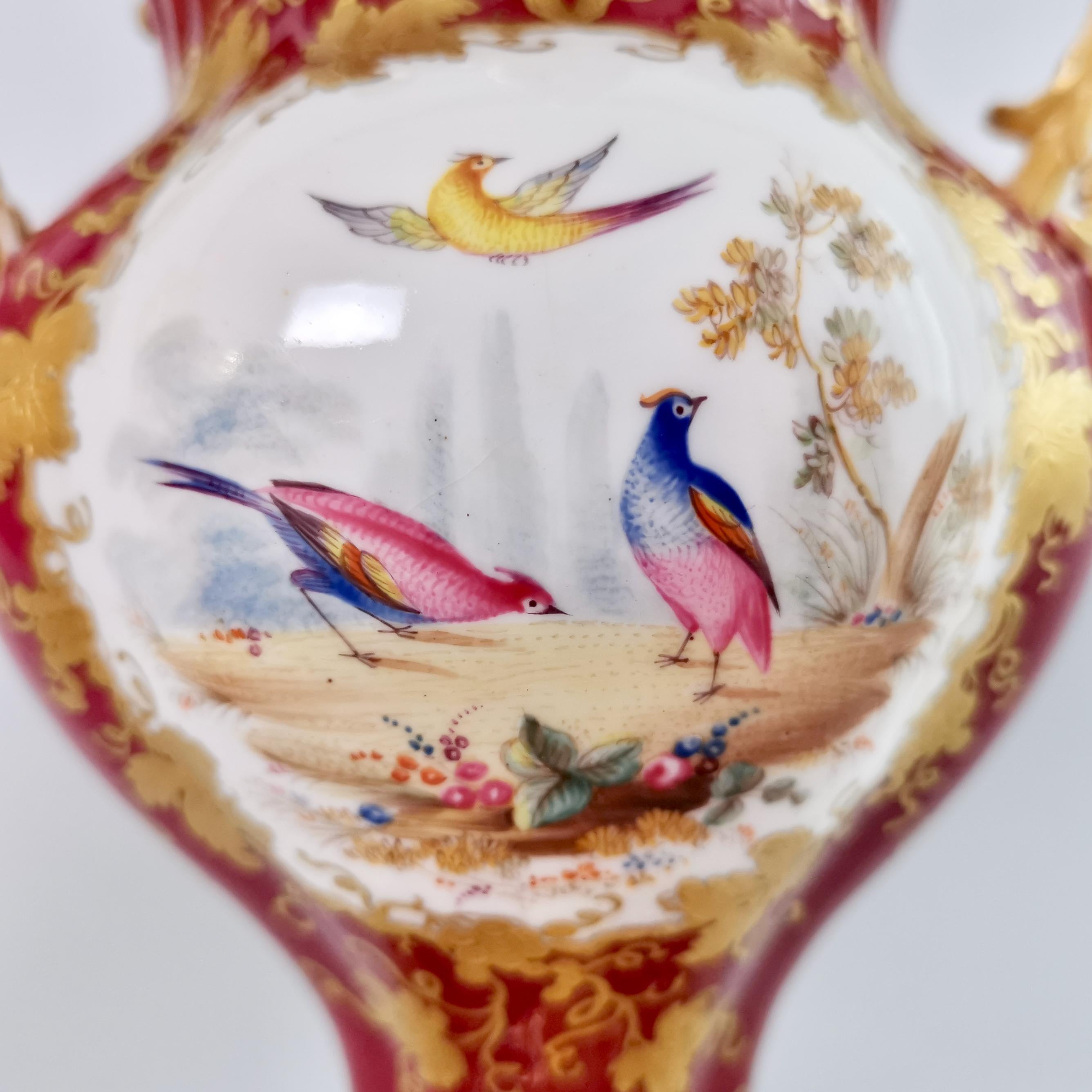 Mid-19th Century H&R Daniel Pair of Potpourri Vases, Maroon, Birds, Flowers, Rococo Revival c1840 For Sale