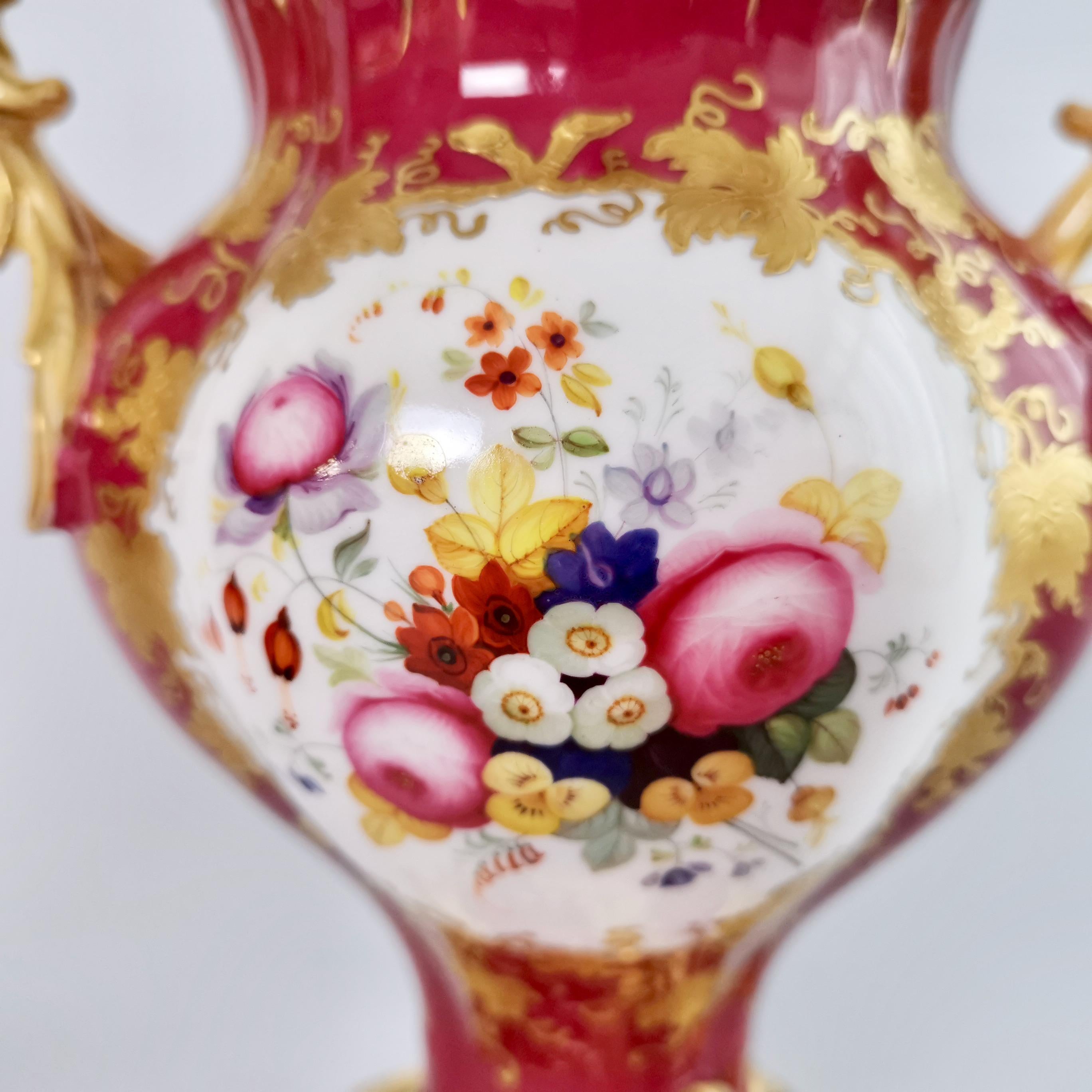 Porcelain H&R Daniel Pair of Potpourri Vases, Maroon, Birds, Flowers, Rococo Revival c1840 For Sale