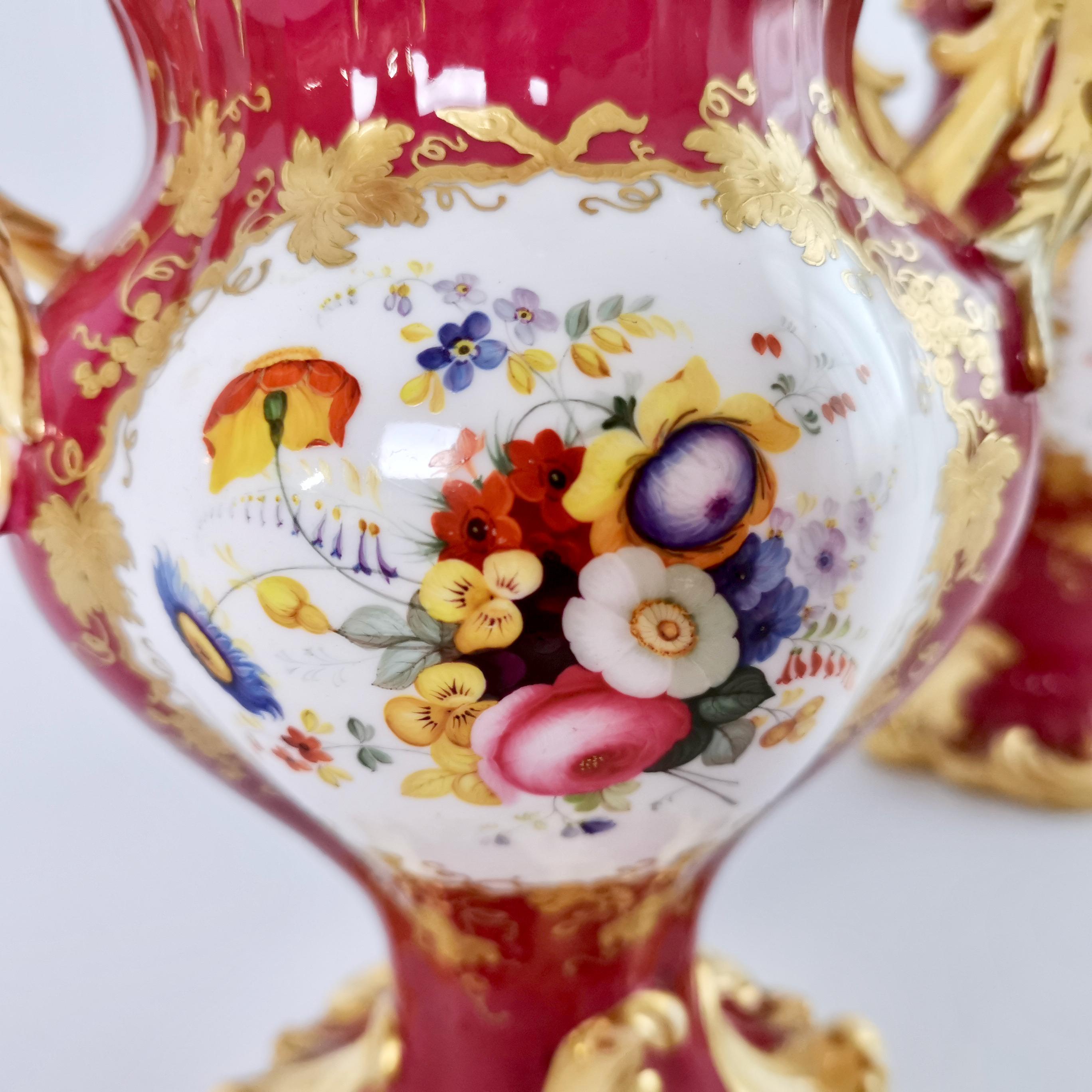 H&R Daniel Pair of Potpourri Vases, Maroon, Birds, Flowers, Rococo Revival c1840 For Sale 1