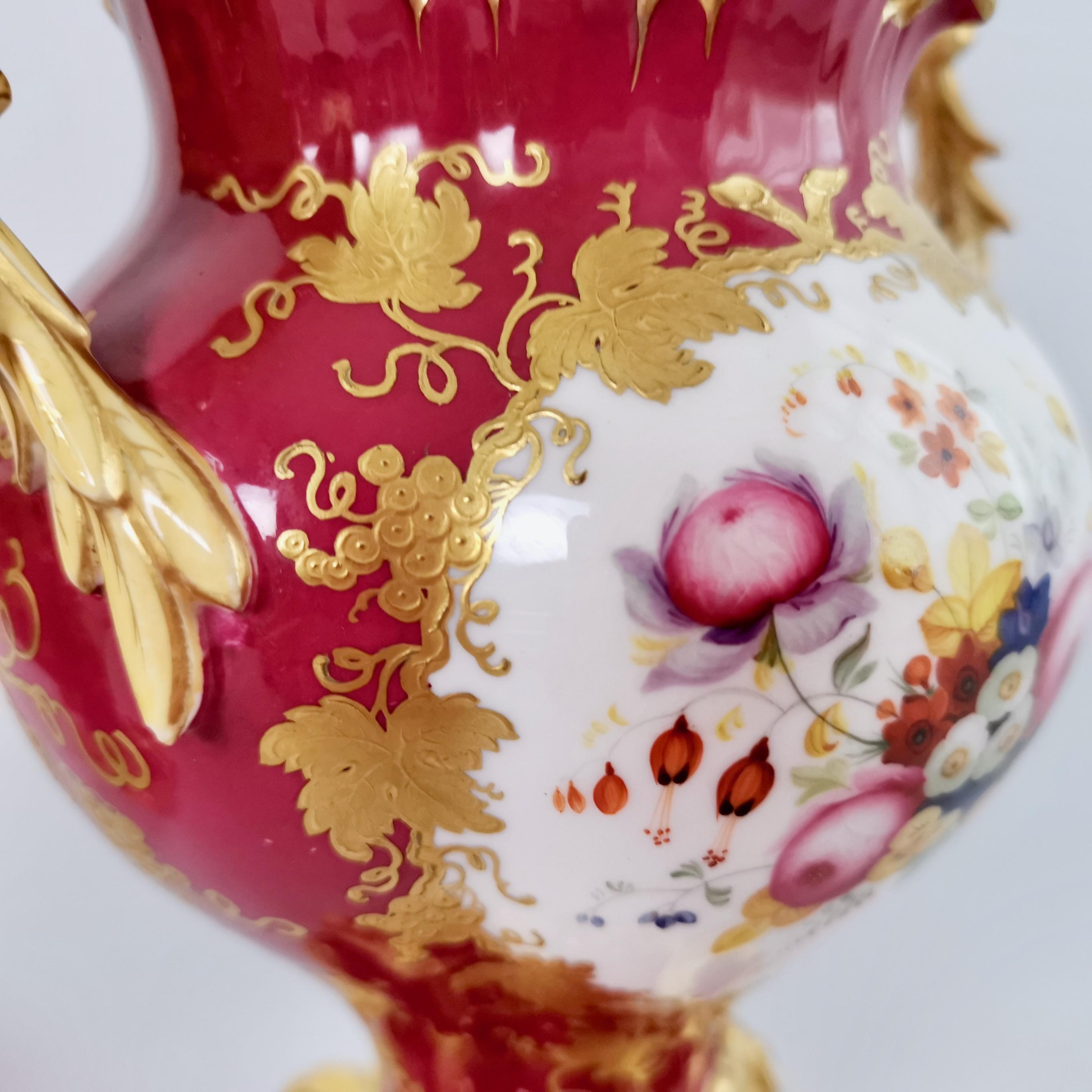 H&R Daniel Pair of Potpourri Vases, Maroon, Birds, Flowers, Rococo Revival c1840 For Sale 2