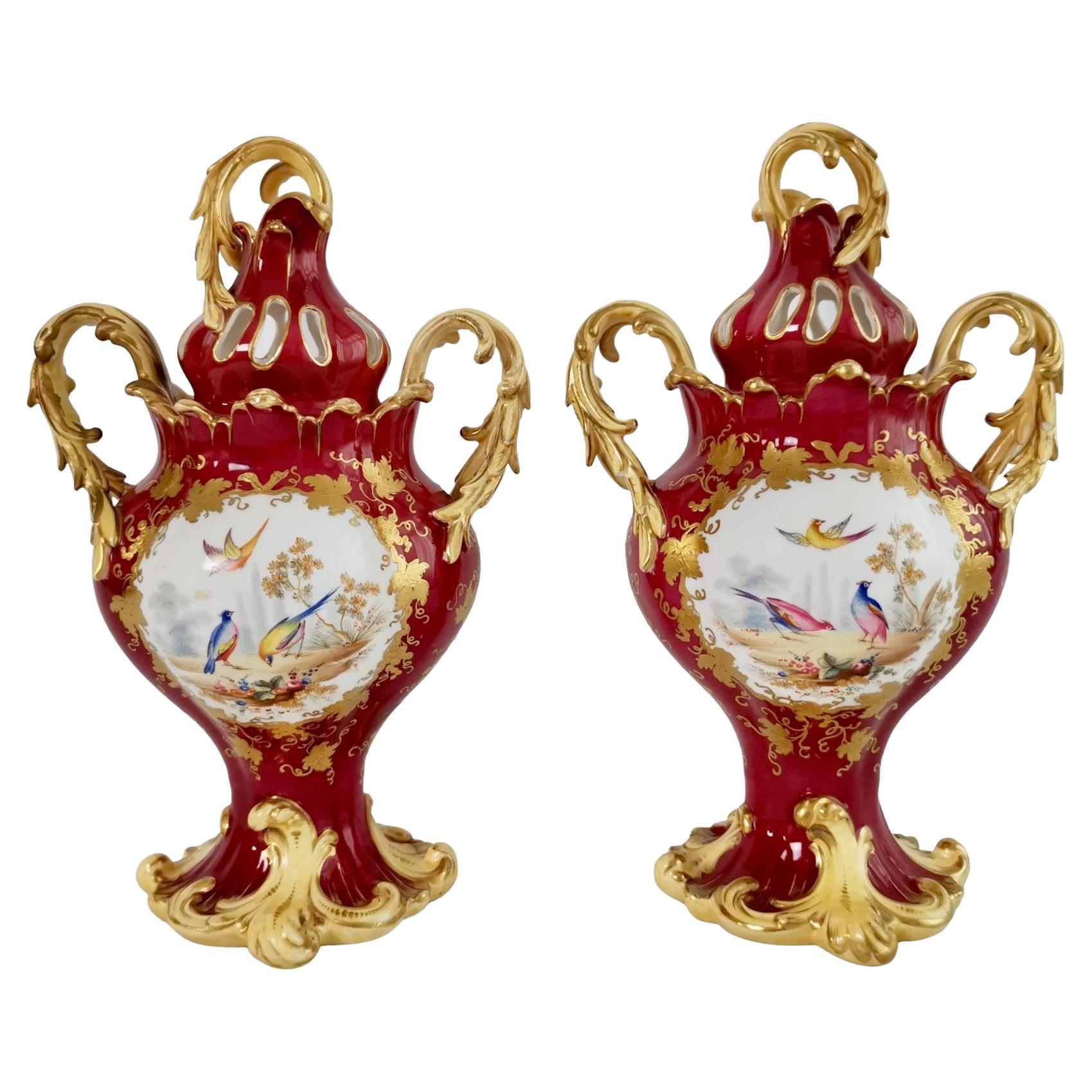H&R Daniel Pair of Potpourri Vases, Maroon, Birds, Flowers, Rococo Revival c1840 For Sale