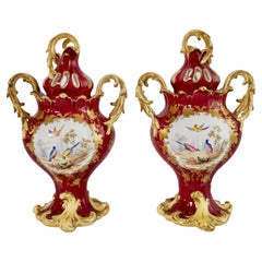 Minton Pair of Potpourri Vases, Maroon, Birds and Flowers, Rococo Revival ca1835