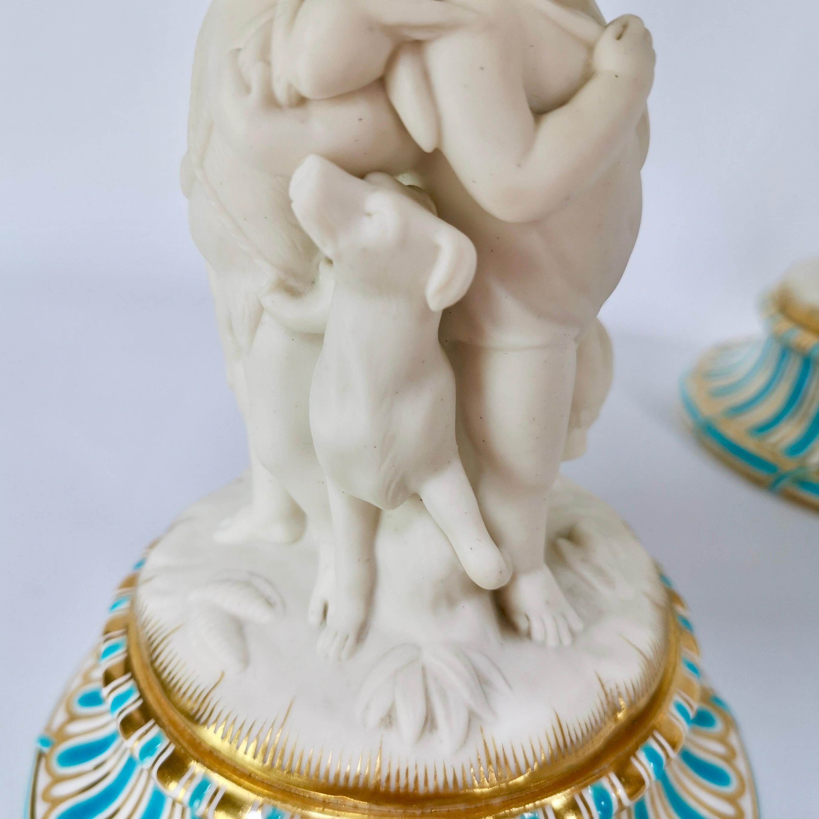 English Minton Pair of Tazzas, White Parian Porcelain Cherubs Hunting, Victorian ca 1880 For Sale