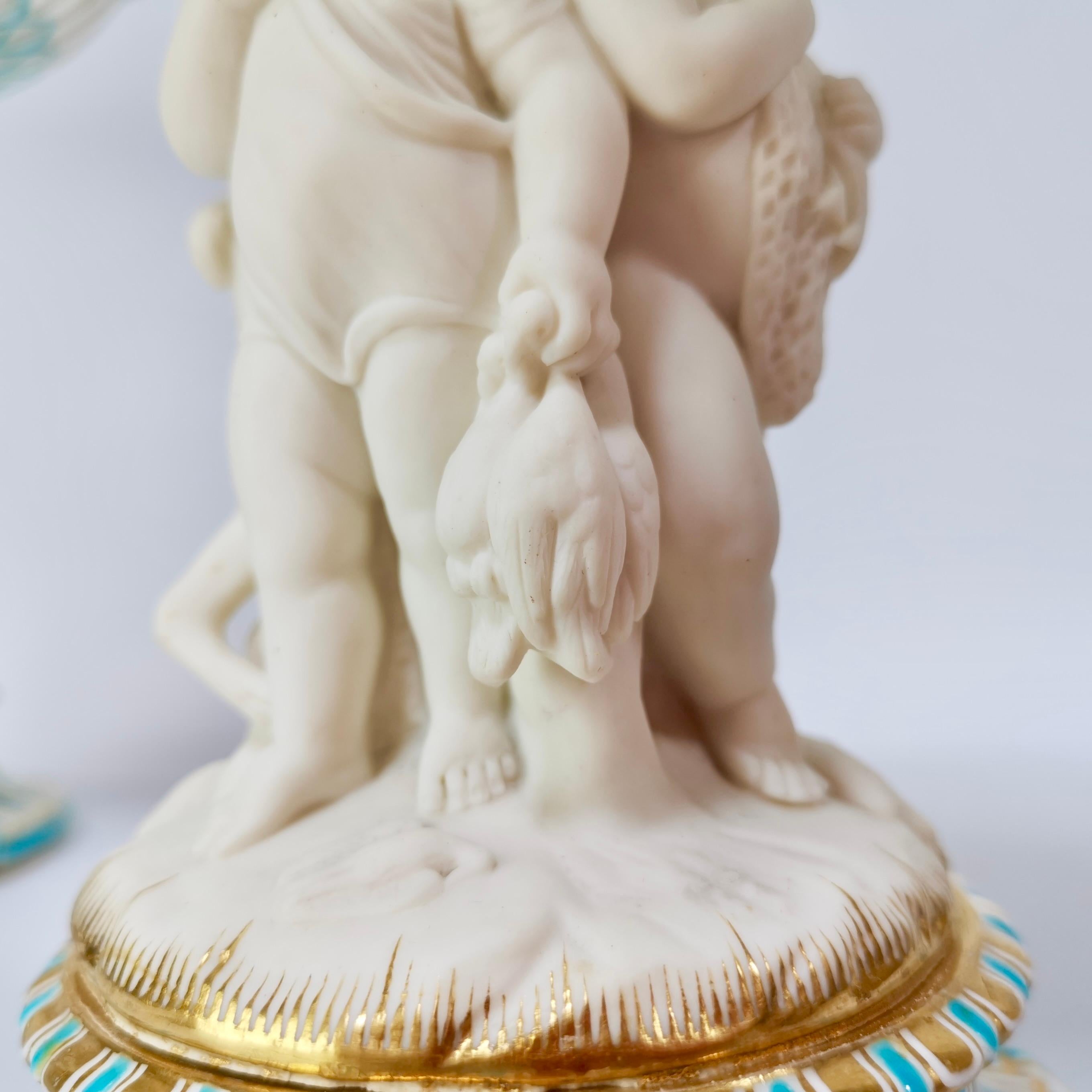 Late 18th Century Minton Pair of Tazzas, White Parian Porcelain Cherubs Hunting, Victorian ca 1880 For Sale