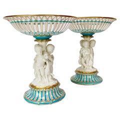 Minton Pair of Tazzas, White Parian Porcelain Cherubs Hunting, Victorian ca 1880