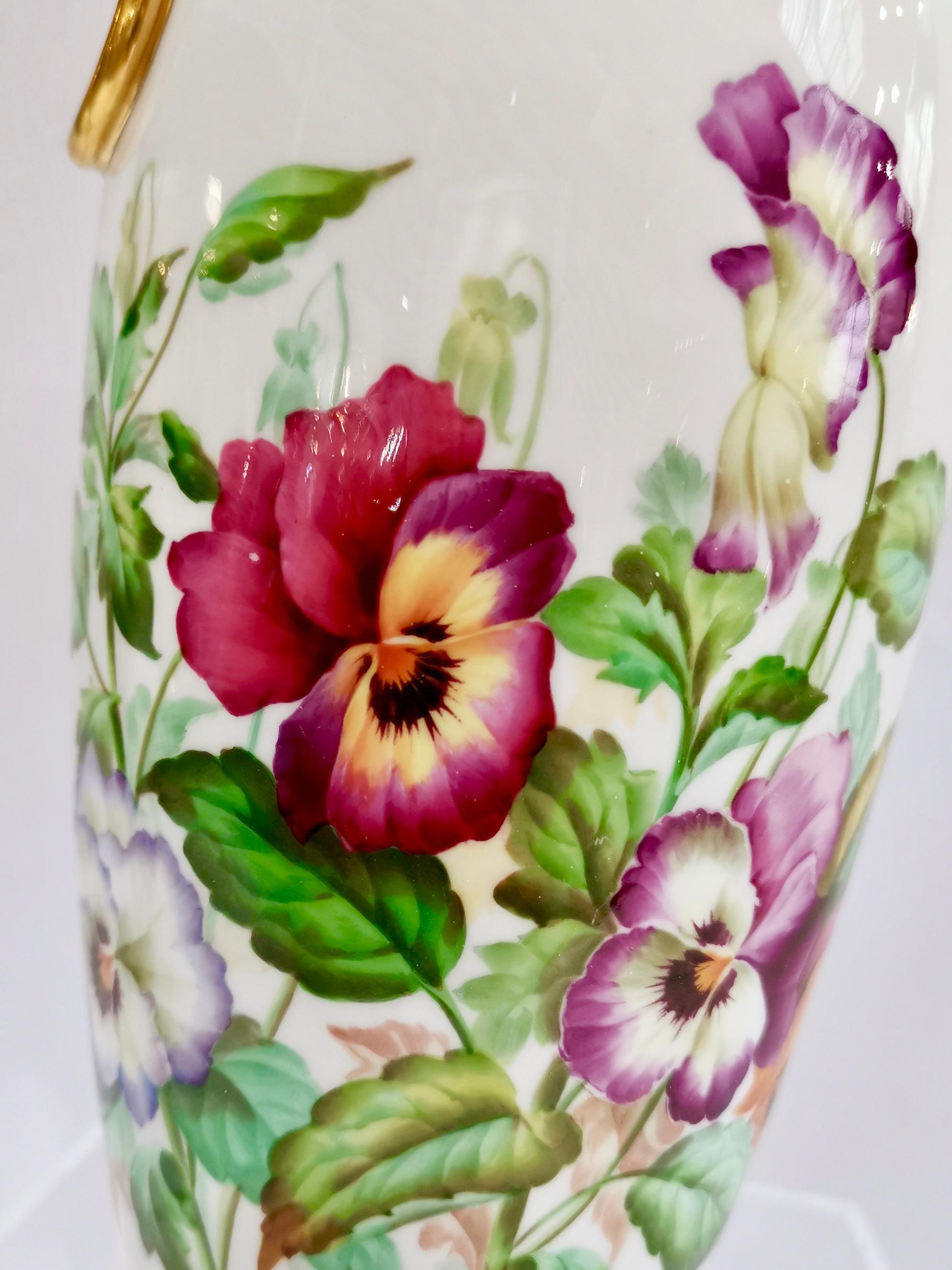 English Minton Pair of Porcelain Vases, Pansies Painted by Jesse Smith, Victorian, 1853