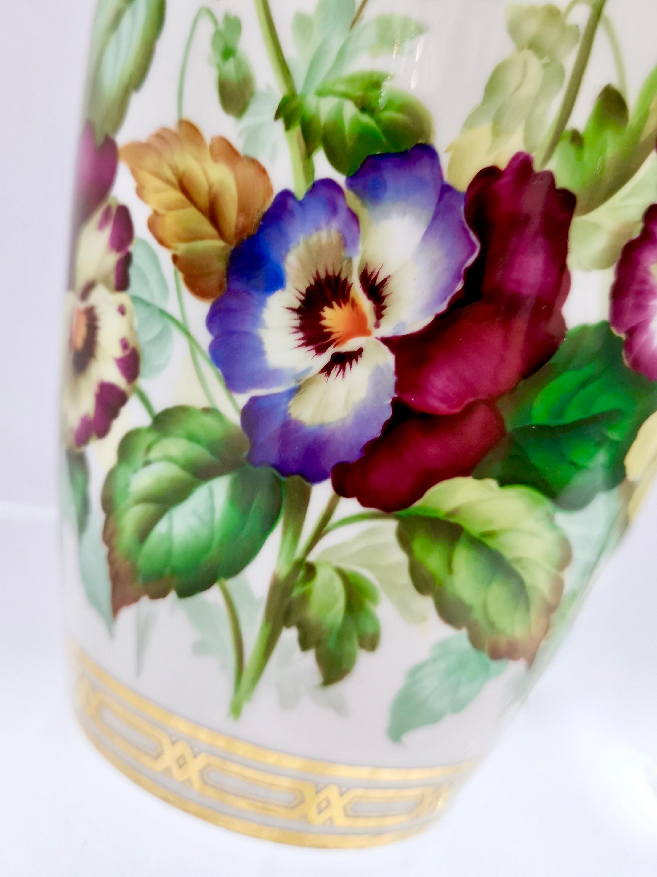 Hand-Painted Minton Pair of Porcelain Vases, Pansies Painted by Jesse Smith, Victorian, 1853