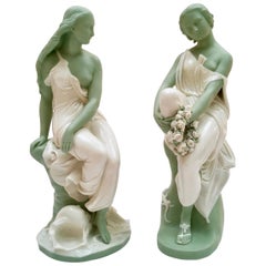Antique Minton Parian Porcelain Figures, Miranda & Lalage Celadon Green, John Bell, 1872