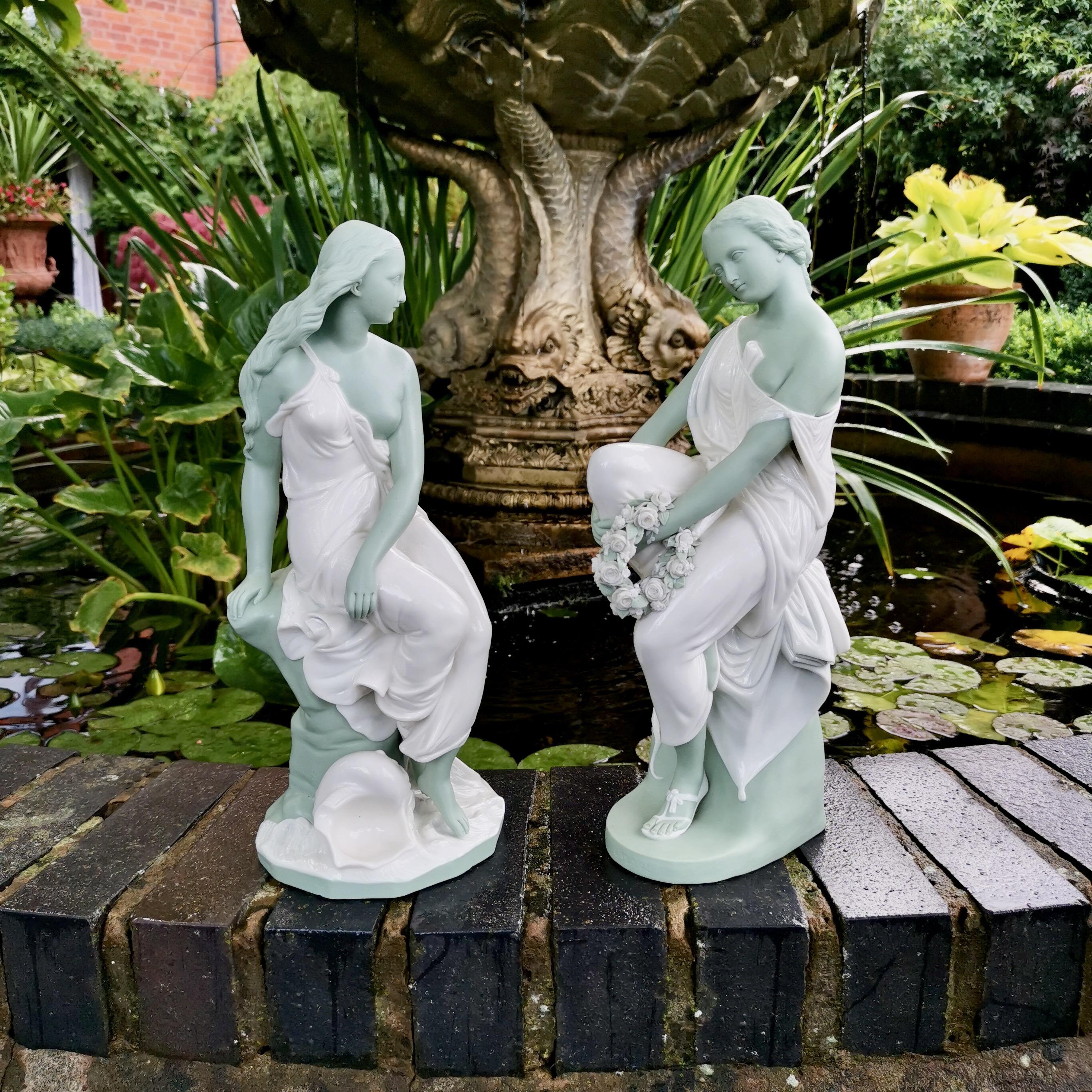 This is a pair of wonderful celadon parian figures made by Minton in 1872 and 1873. The figures were modelled by John Bell, who was one of Minton's best modellers and who modelled many of their most popular figures. The figures are called 