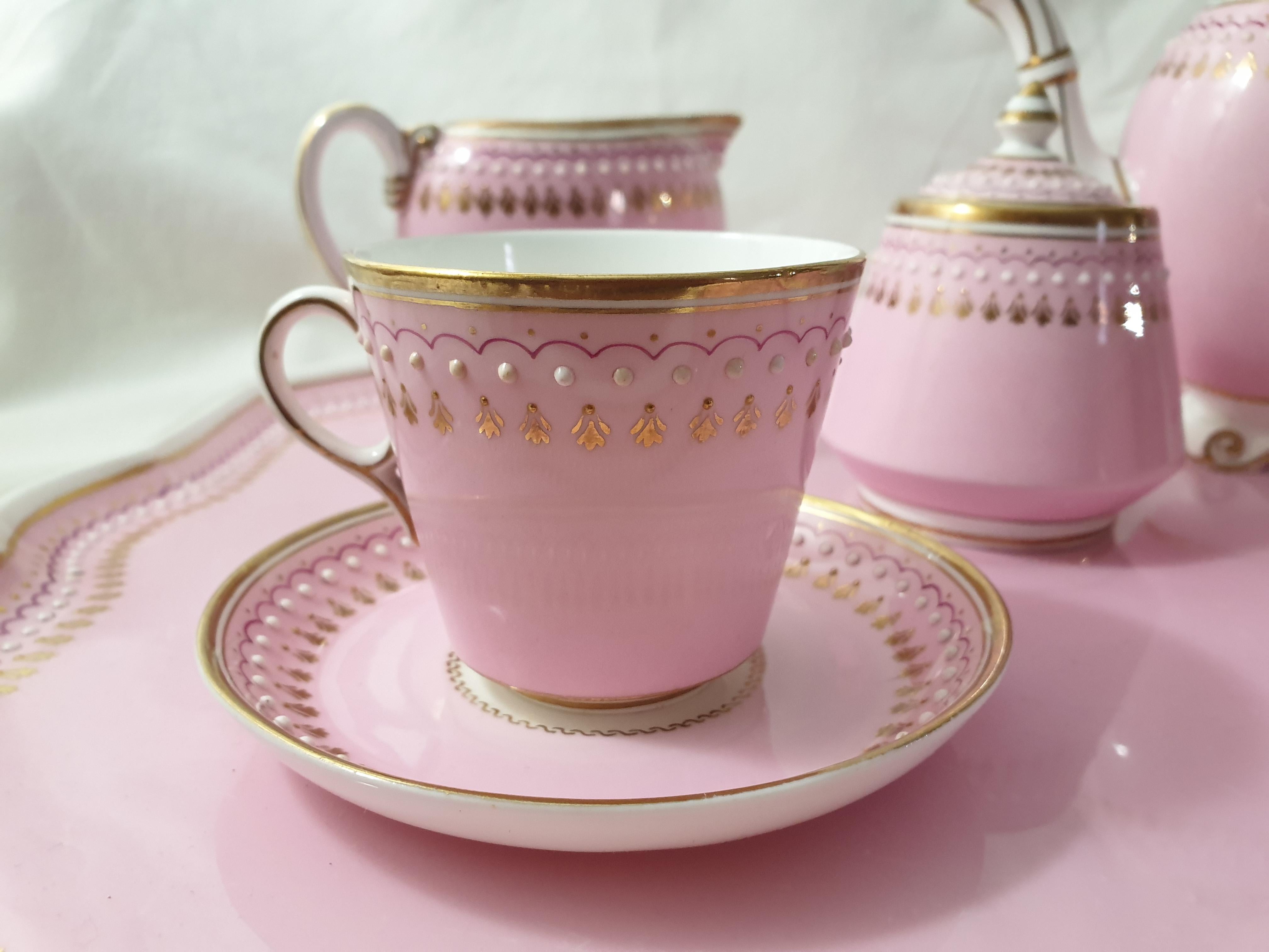 English 19th Century Minton Pink Jewelled Cabaret Set for 2 In Good Condition In London, GB