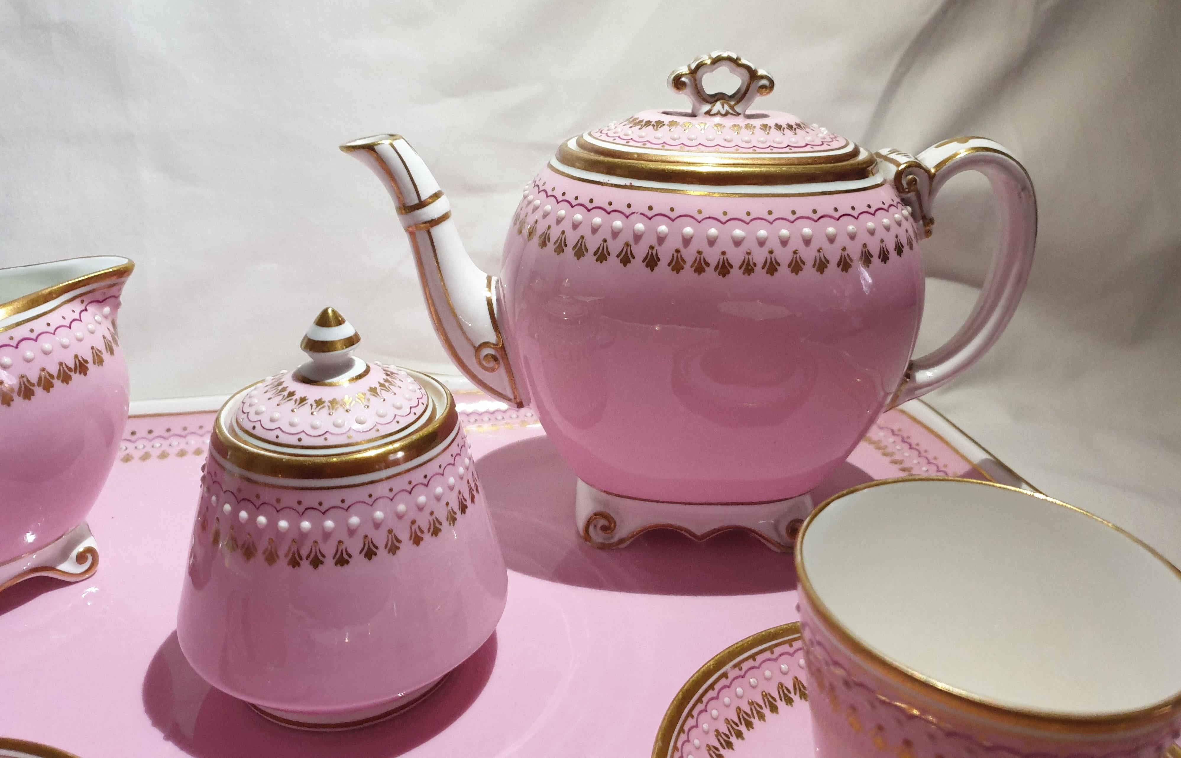 Porcelain English 19th Century Minton Pink Jewelled Cabaret Set for 2
