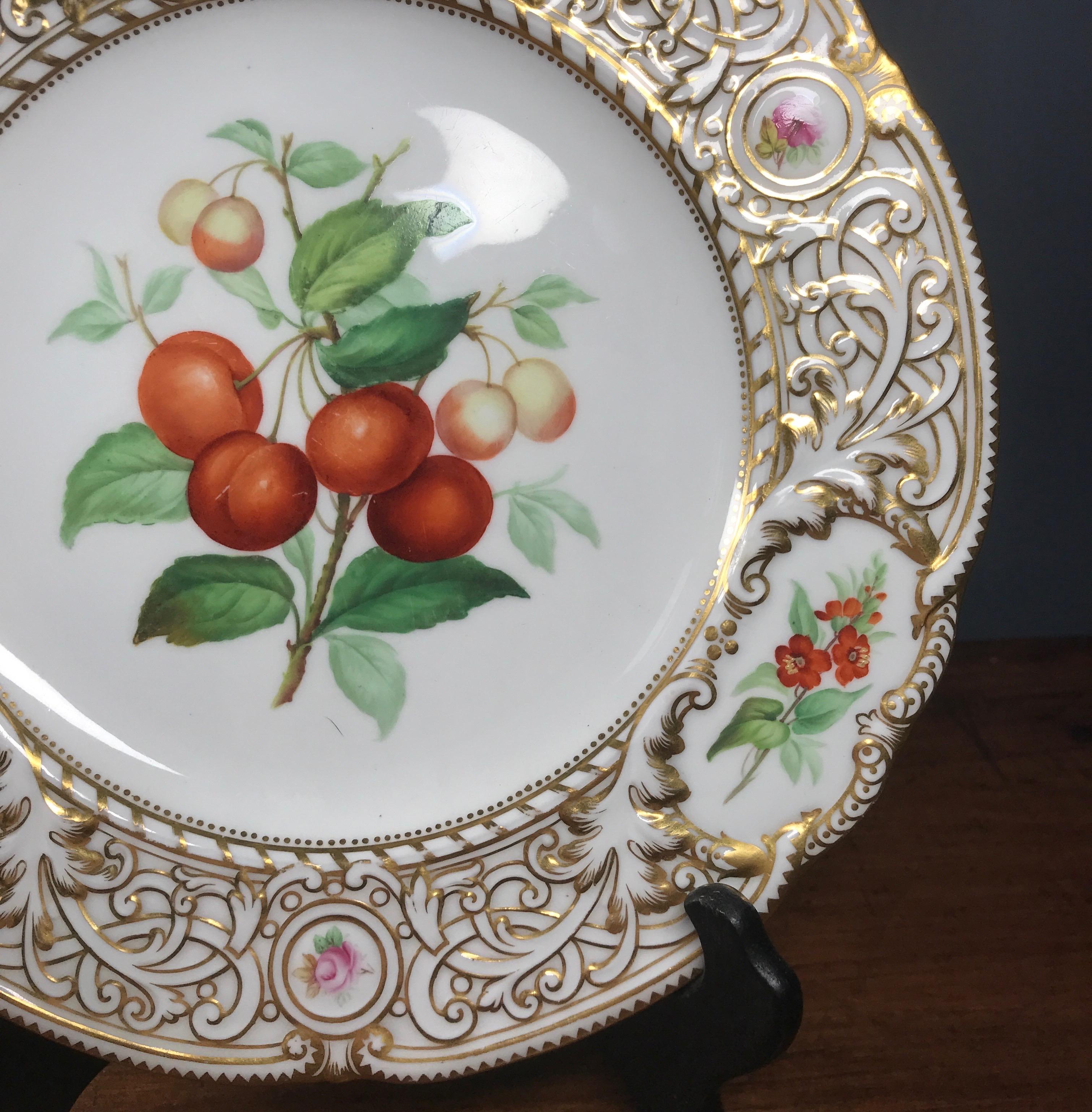 Early Victorian Minton Plate, Cherries Specimen & Flowers, 1852 For Sale