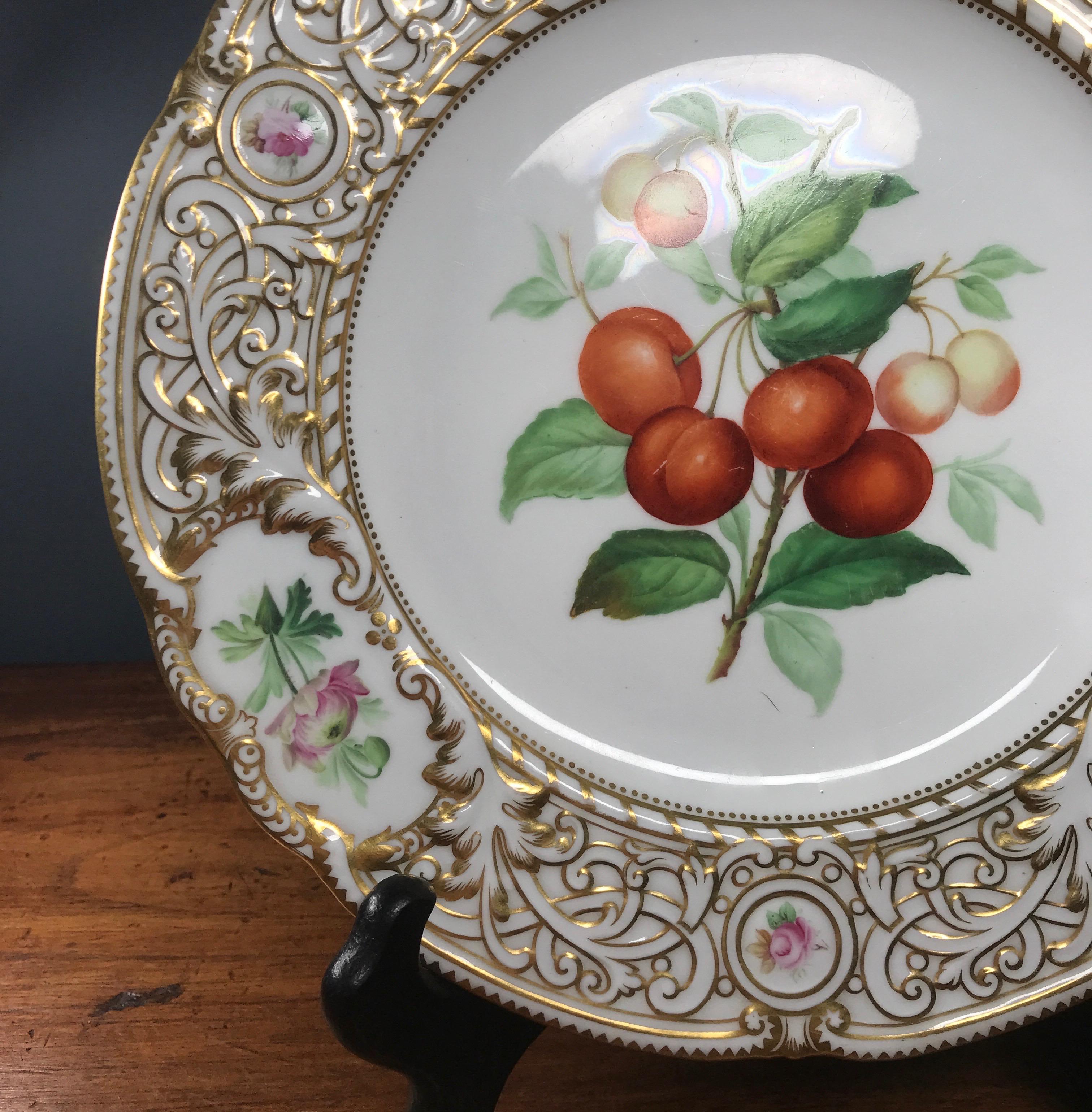 English Minton Plate, Cherries Specimen & Flowers, 1852 For Sale