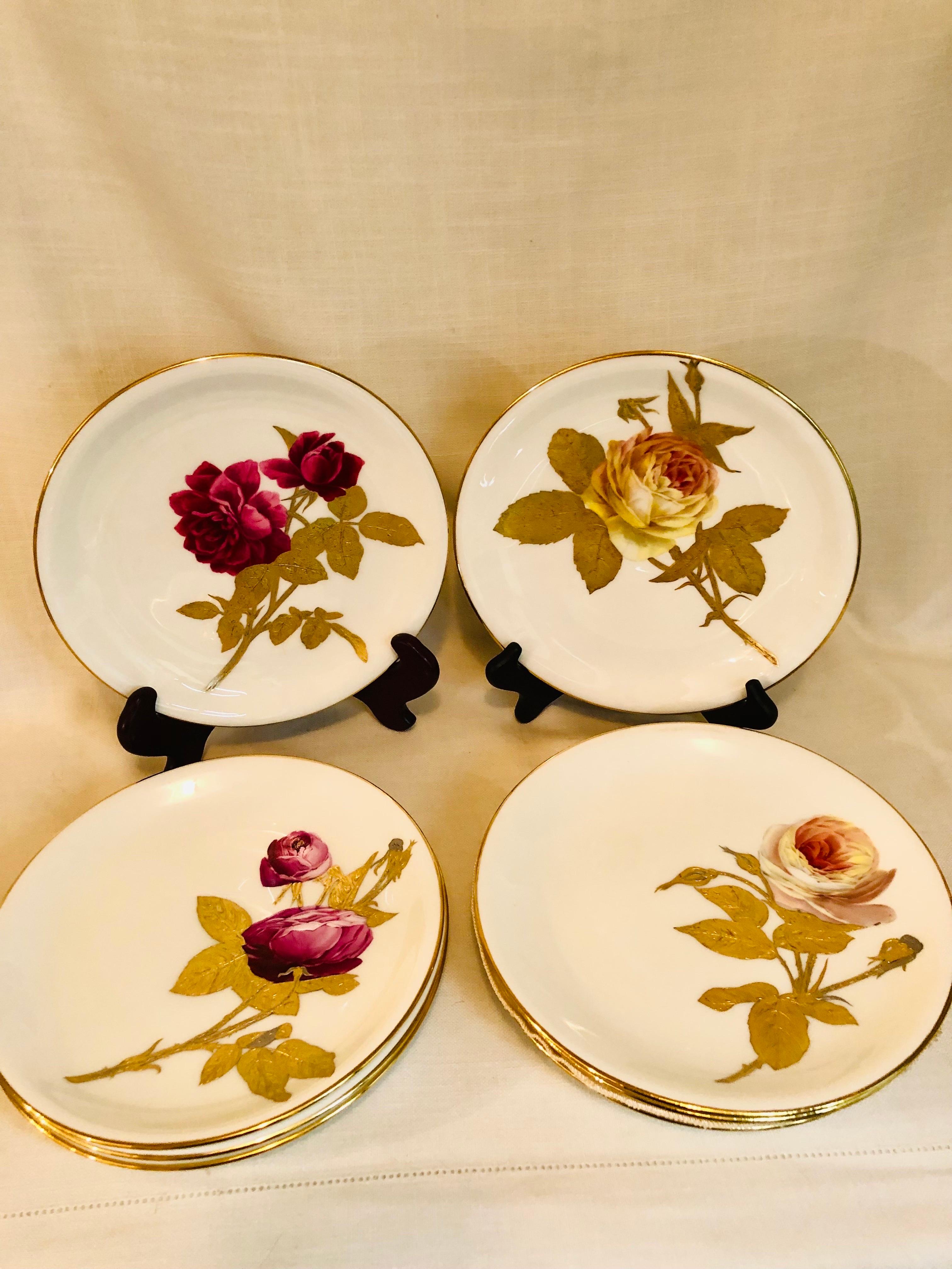 This is a stunning rare set of nine Minton rose plates. I have never seen roses painted more beautifully than on these plates. There are yellow, pink, white and red roses on these plates. Each plate has a different rose painting each having raised