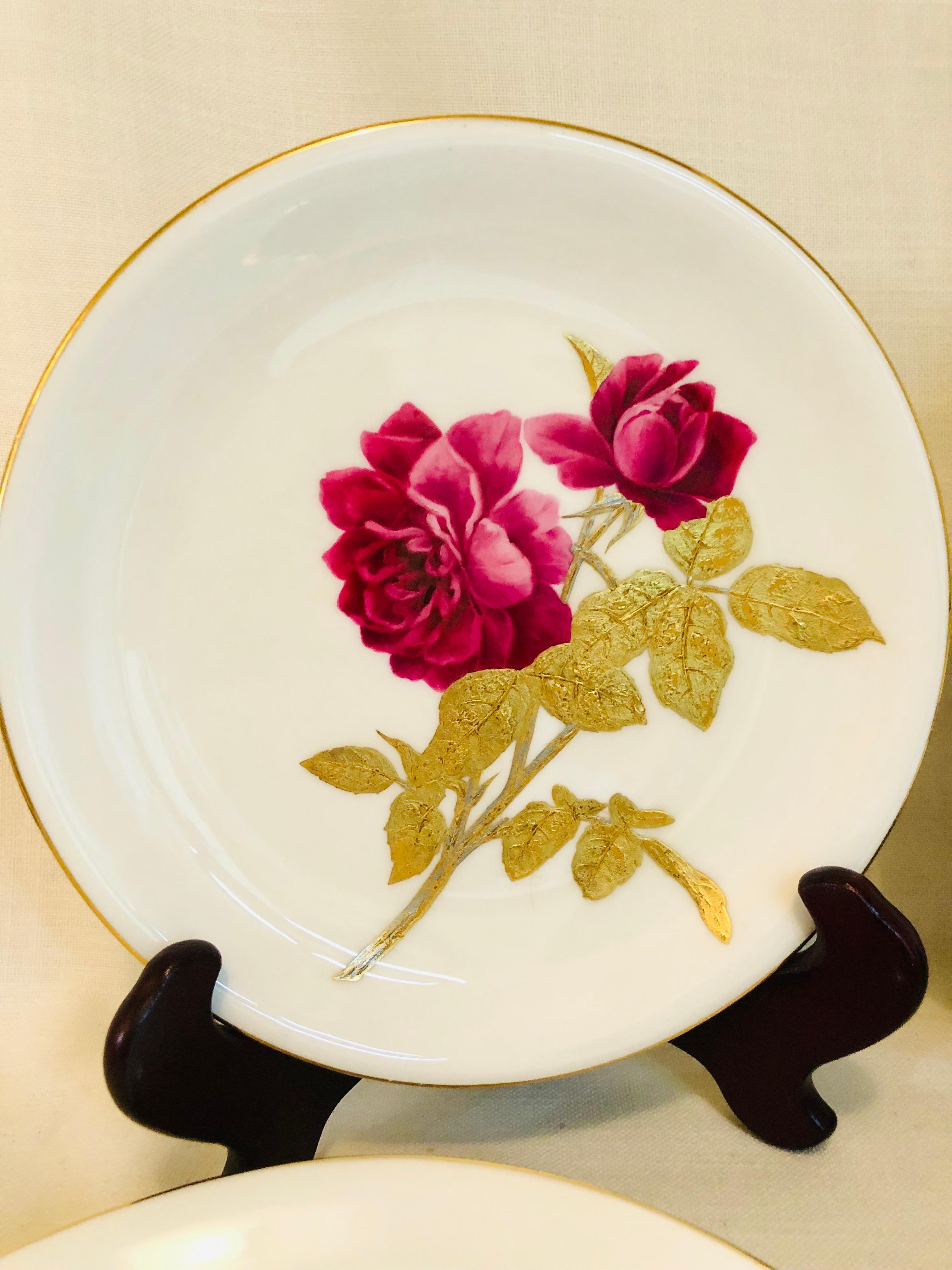 Rococo Minton Plates Each Painted With a Different Rose With Gold and Platinum Accents