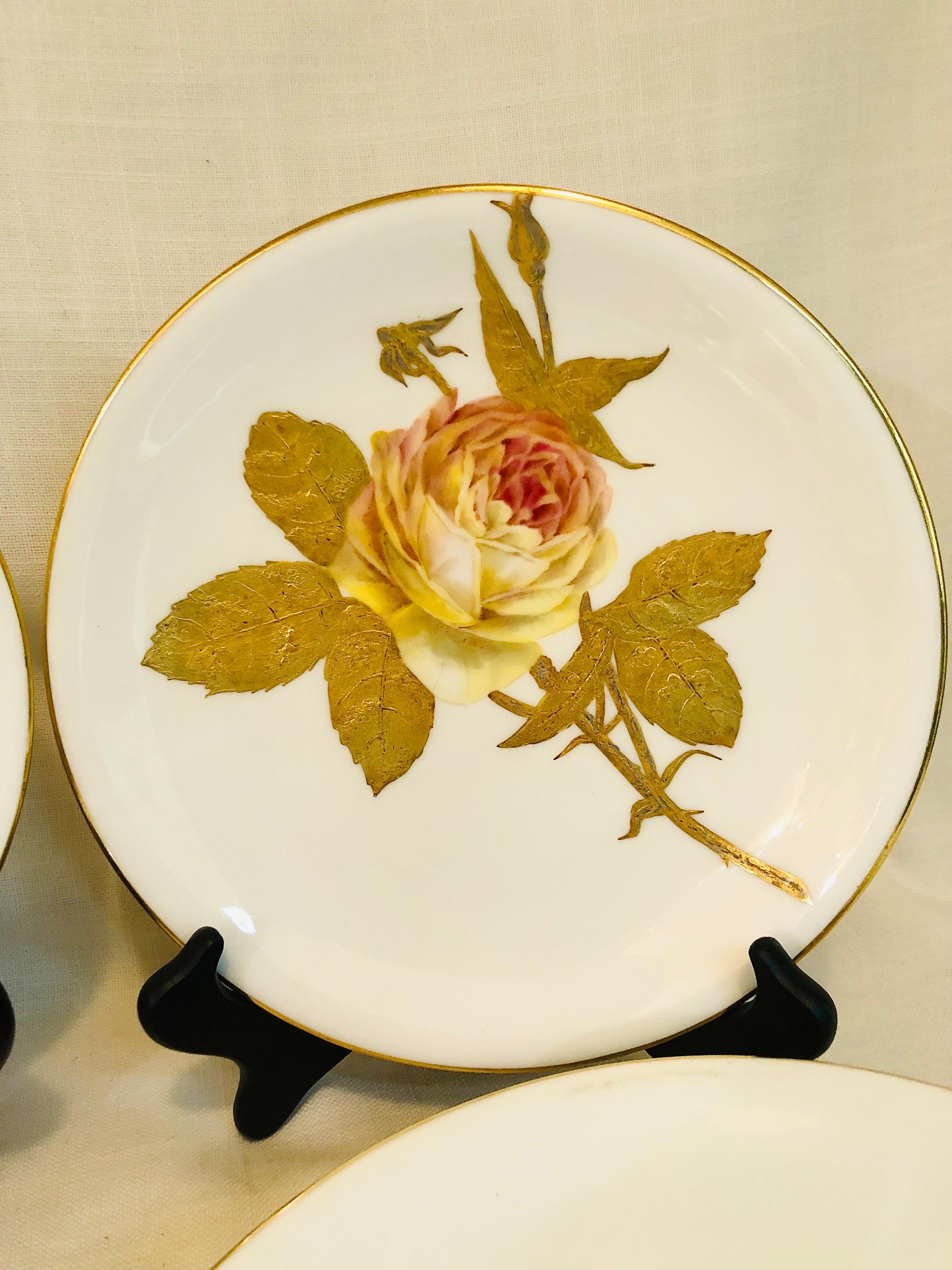 English Minton Plates Each Painted With a Different Rose With Gold and Platinum Accents