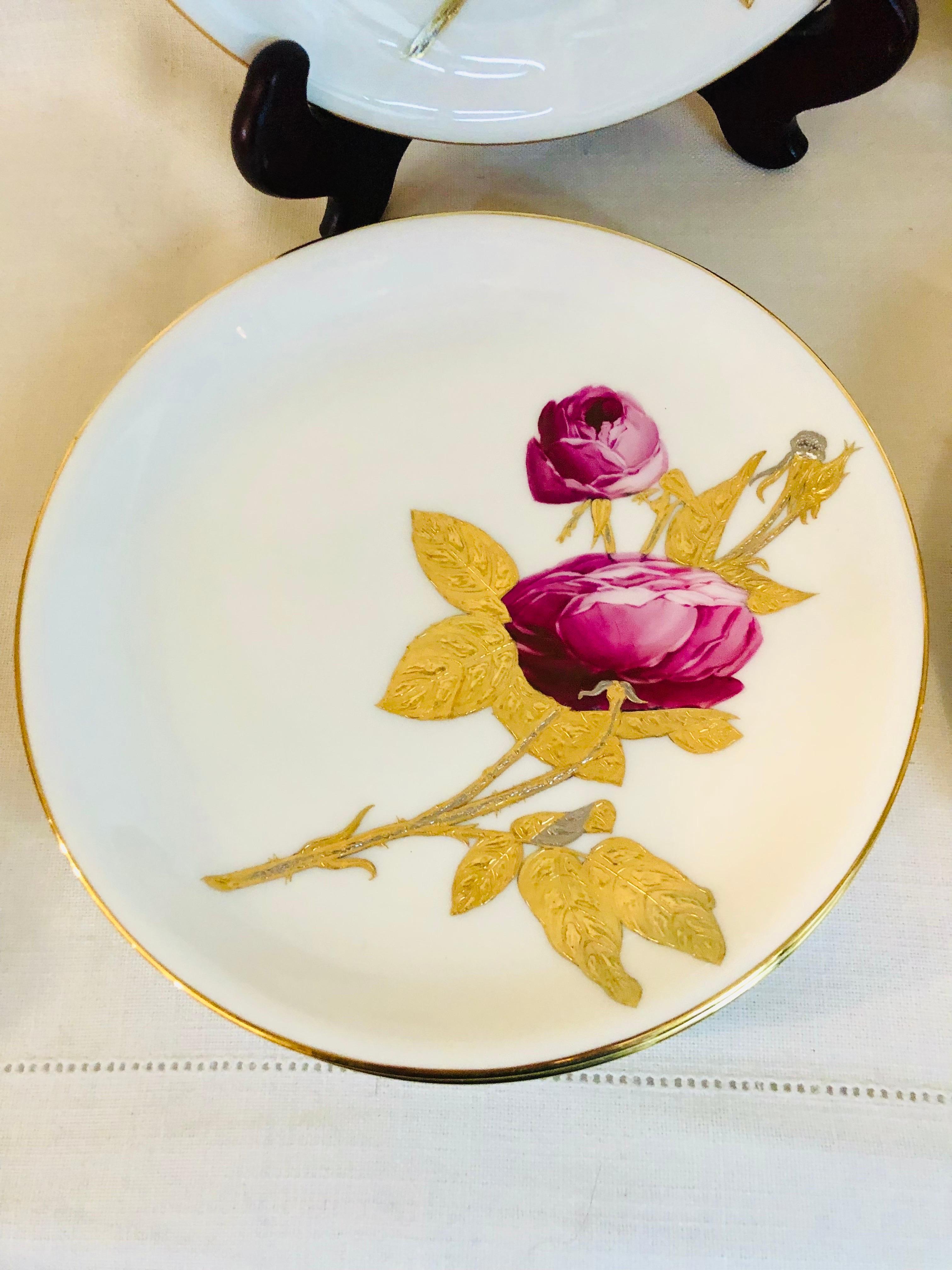 Gilt Minton Plates Each Painted With a Different Rose With Gold and Platinum Accents