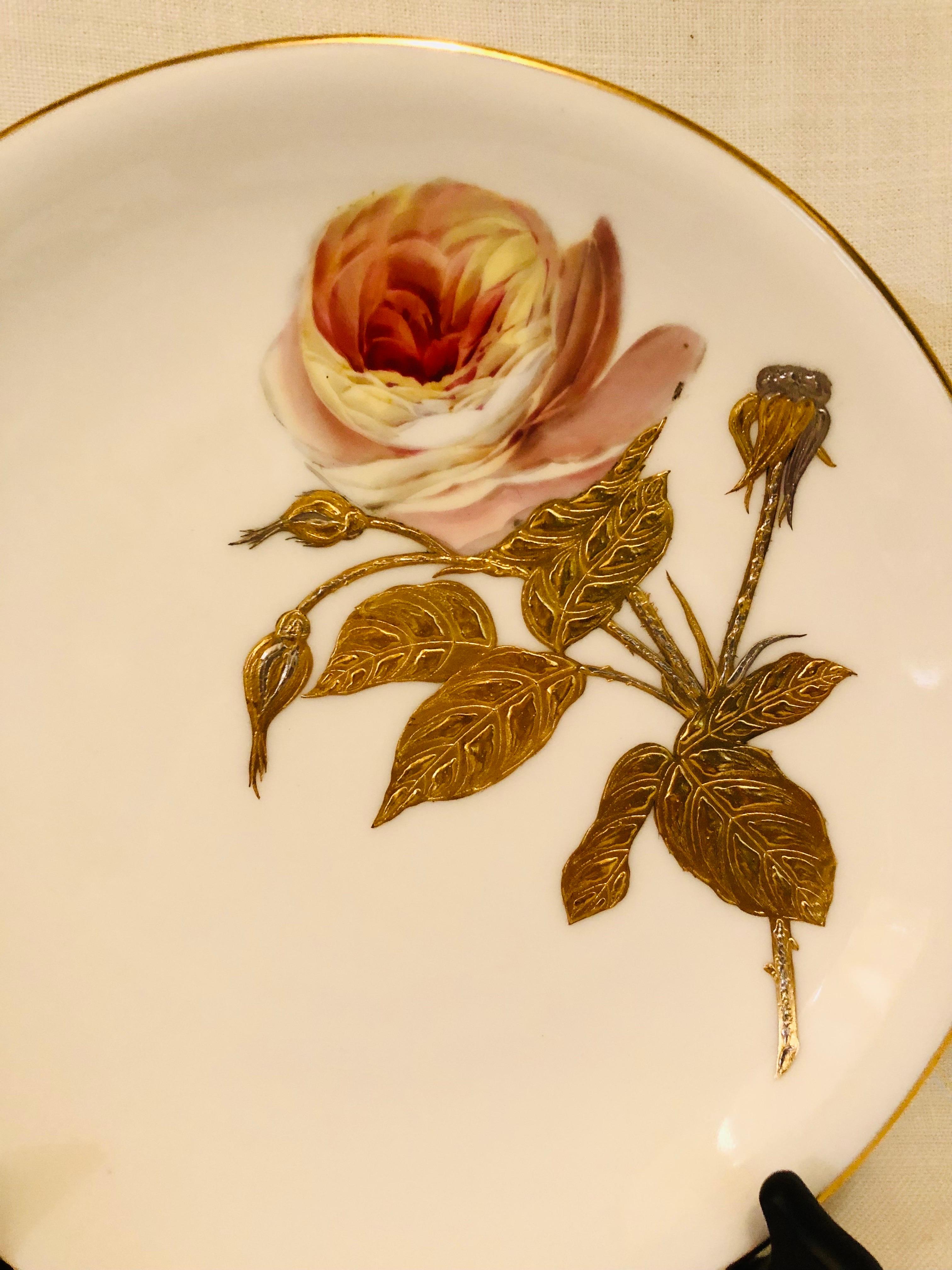 Late 19th Century Minton Plates Each Painted With a Different Rose With Gold and Platinum Accents