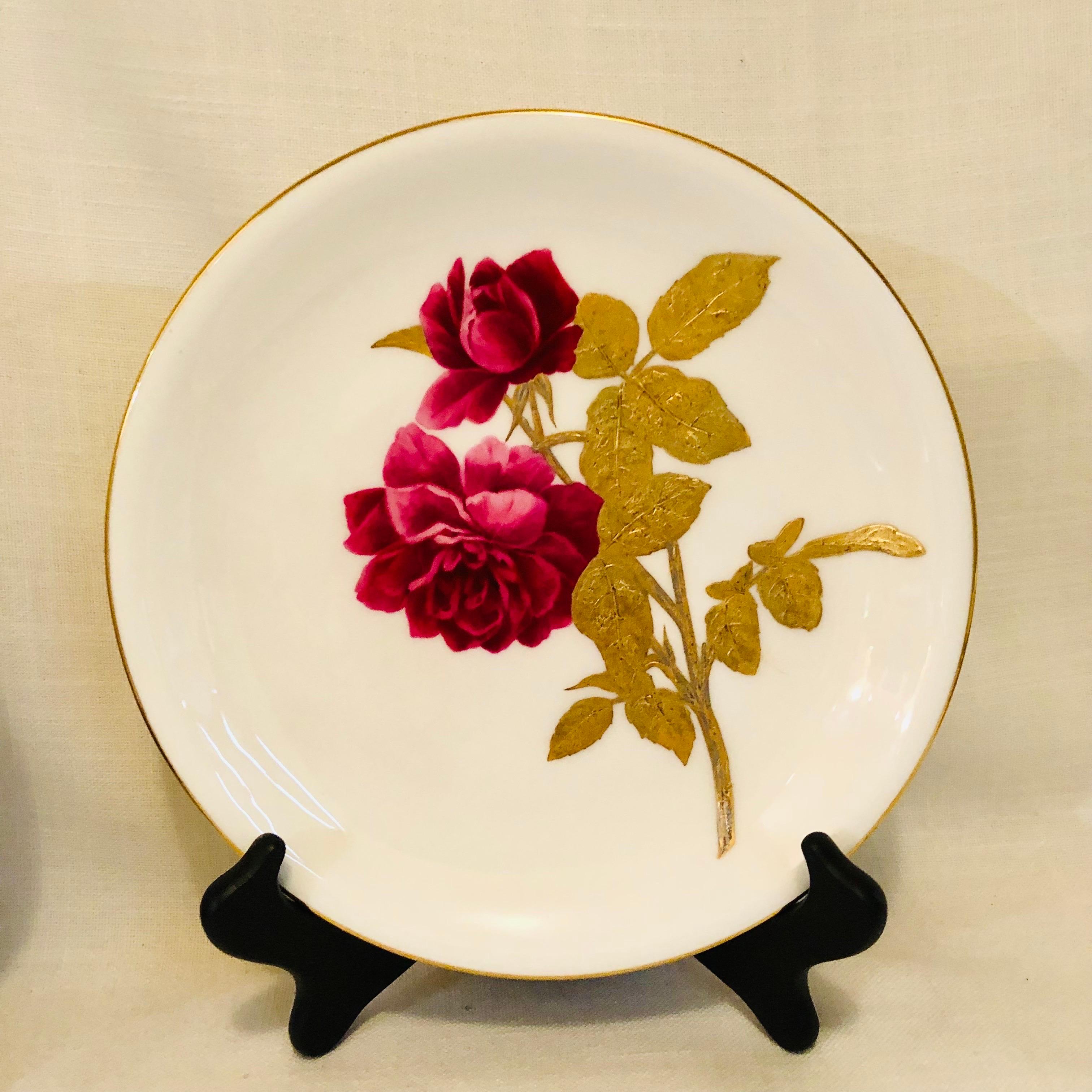 Porcelain Minton Plates Each Painted With a Different Rose With Gold and Platinum Accents