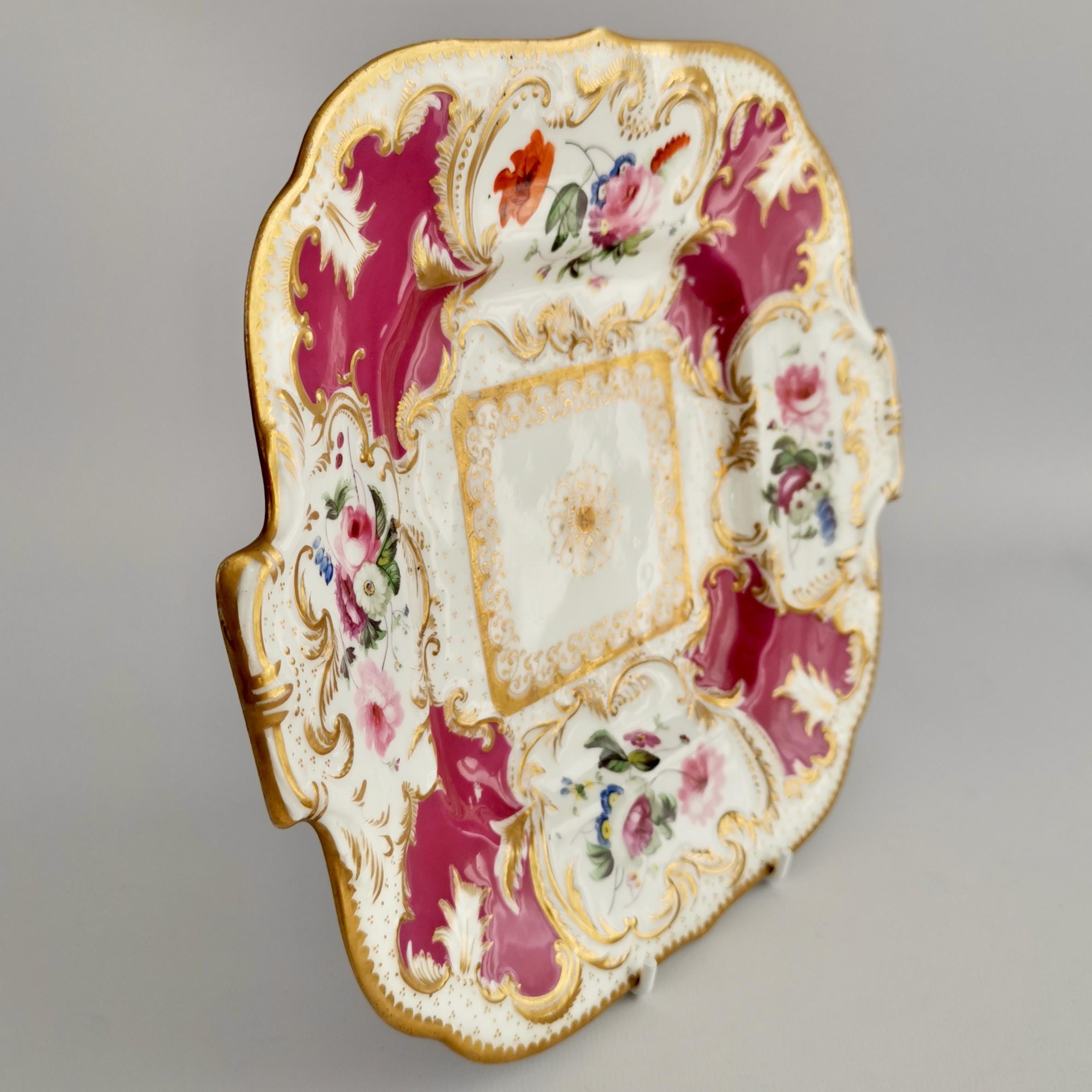 Minton Porcelain Cake Plate, Maroon with Flowers, Rococo Revival, ca 1830 6