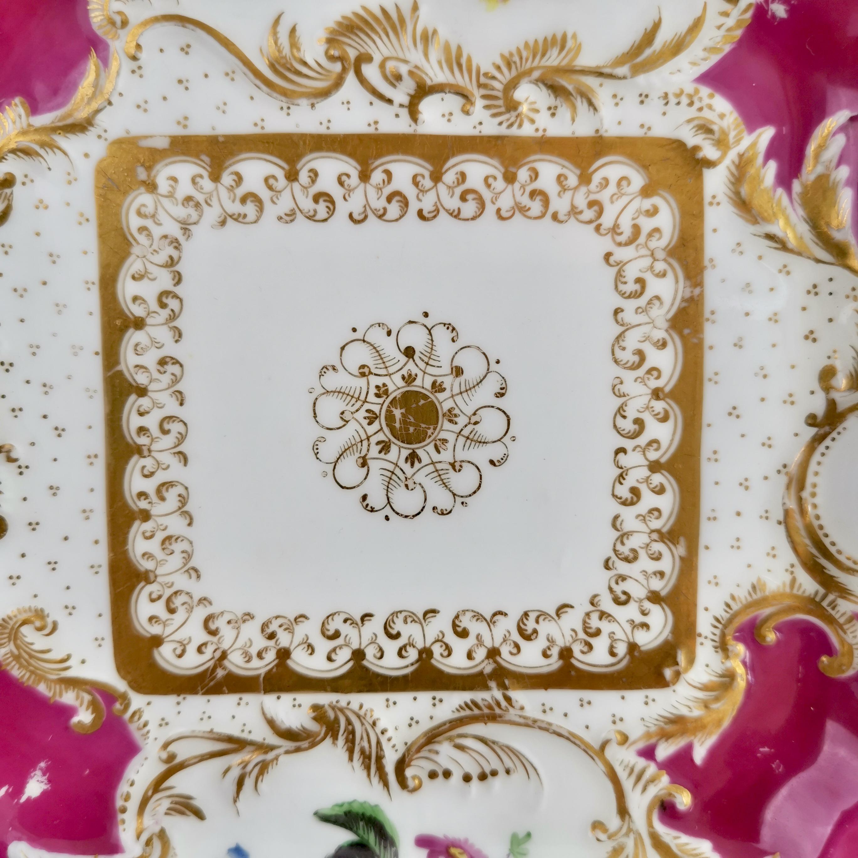 English Minton Porcelain Cake Plate, Maroon with Flowers, Rococo Revival, ca 1830