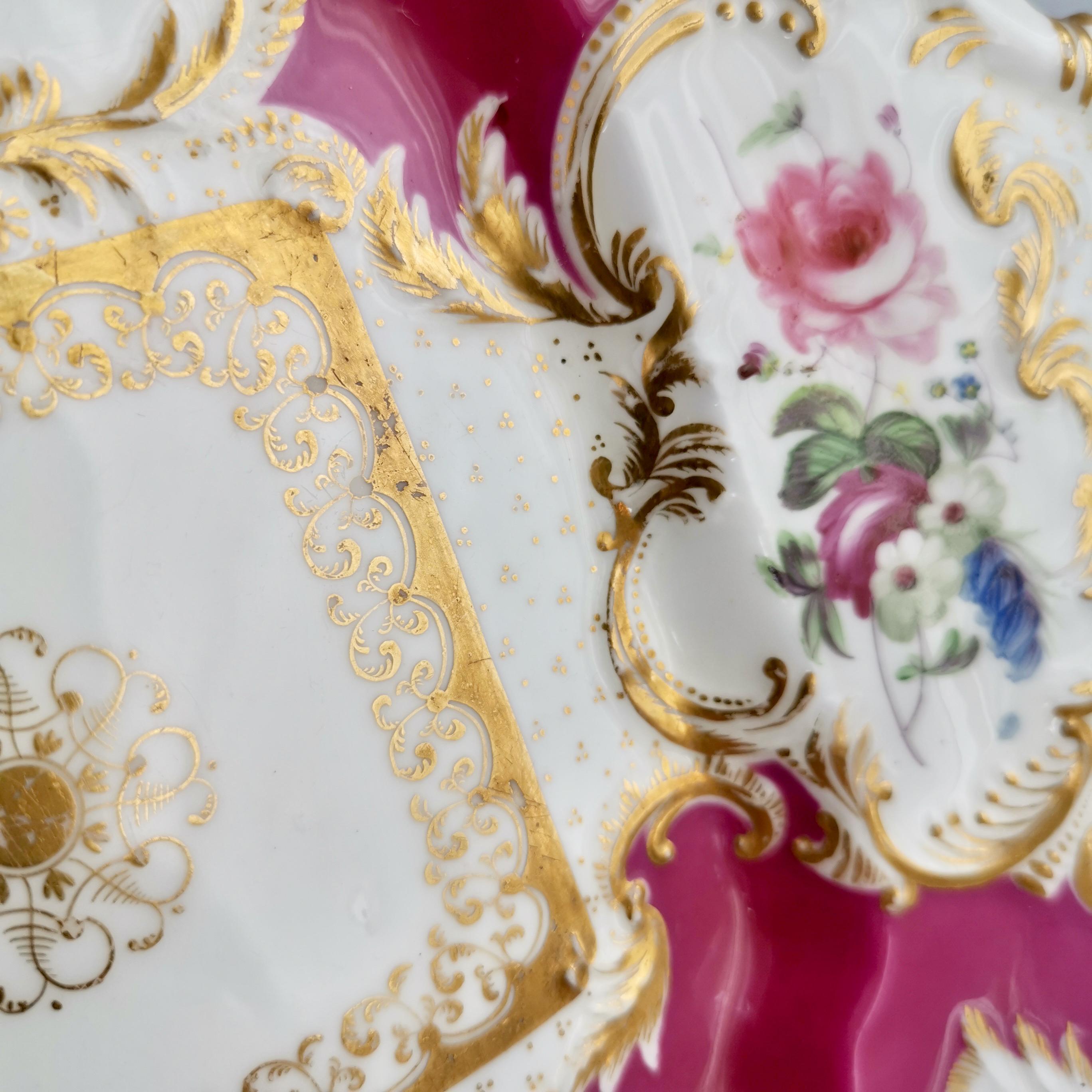 Mid-19th Century Minton Porcelain Cake Plate, Maroon with Flowers, Rococo Revival, ca 1830