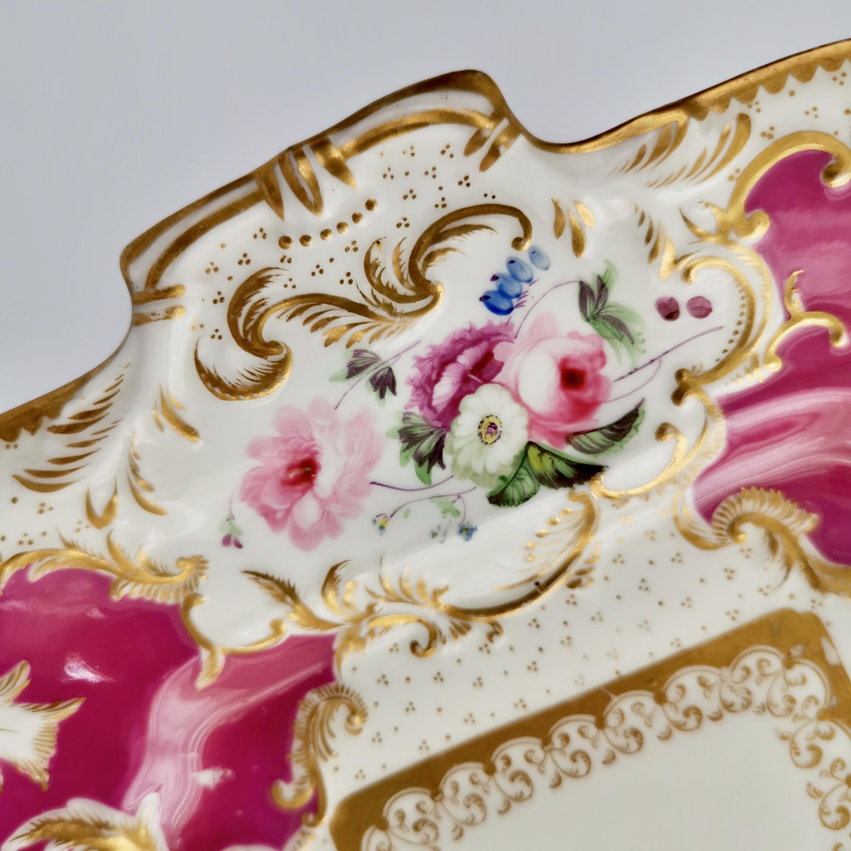 Minton Porcelain Cake Plate, Maroon with Flowers, Rococo Revival, ca 1830 1