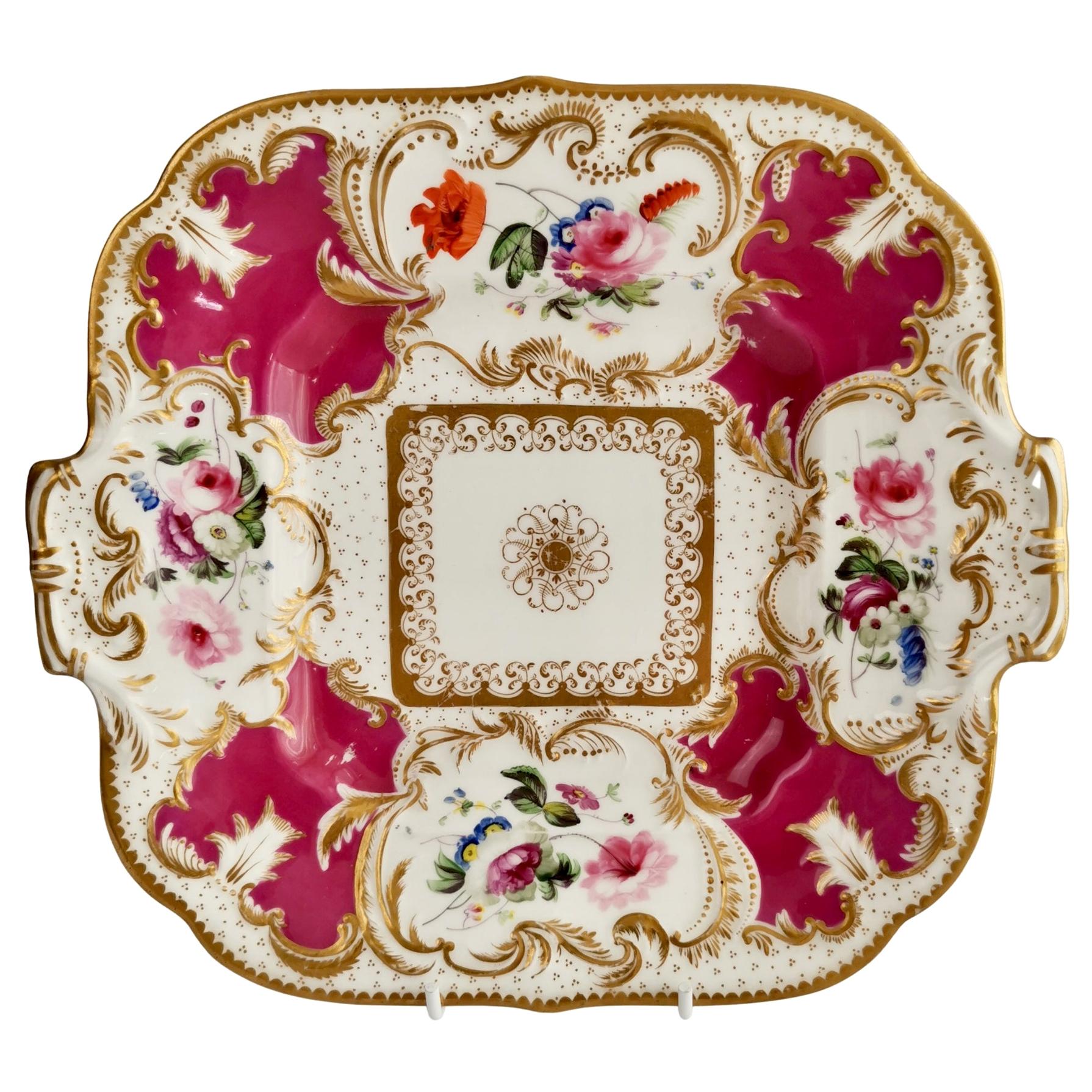 Minton Porcelain Cake Plate, Maroon with Flowers, Rococo Revival, ca 1830