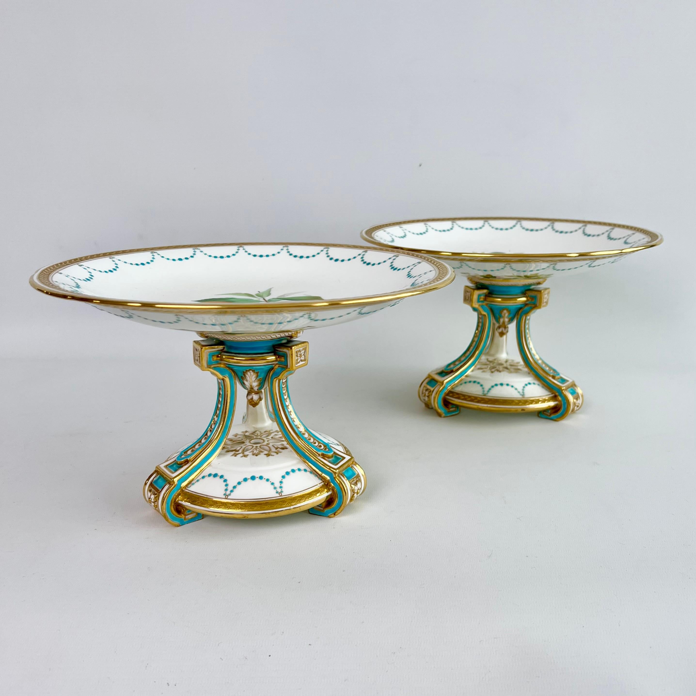 Victorian Minton Porcelain Dessert Service, Turquoise and Gilt, Flowers and Fruits, 1870
