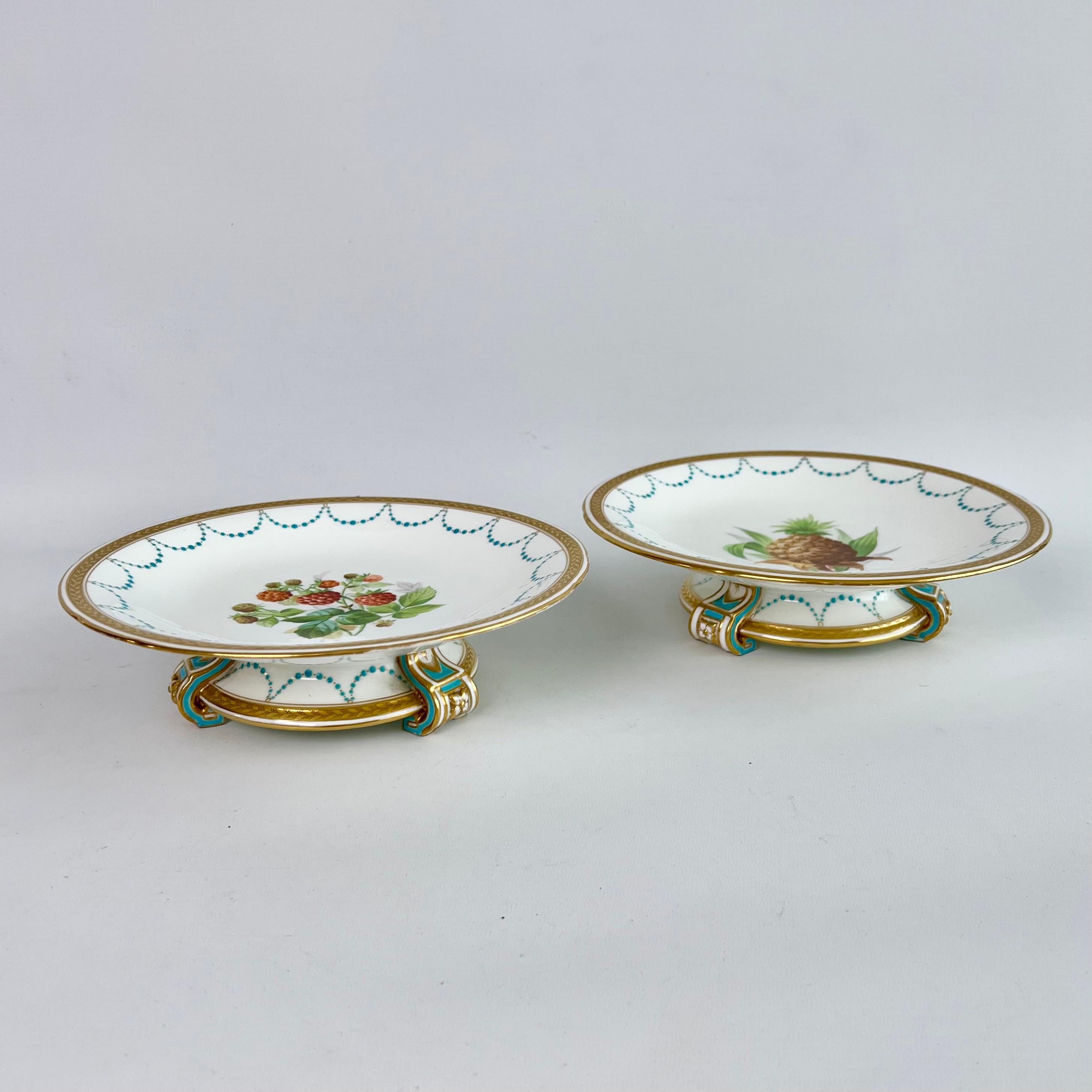 English Minton Porcelain Dessert Service, Turquoise and Gilt, Flowers and Fruits, 1870