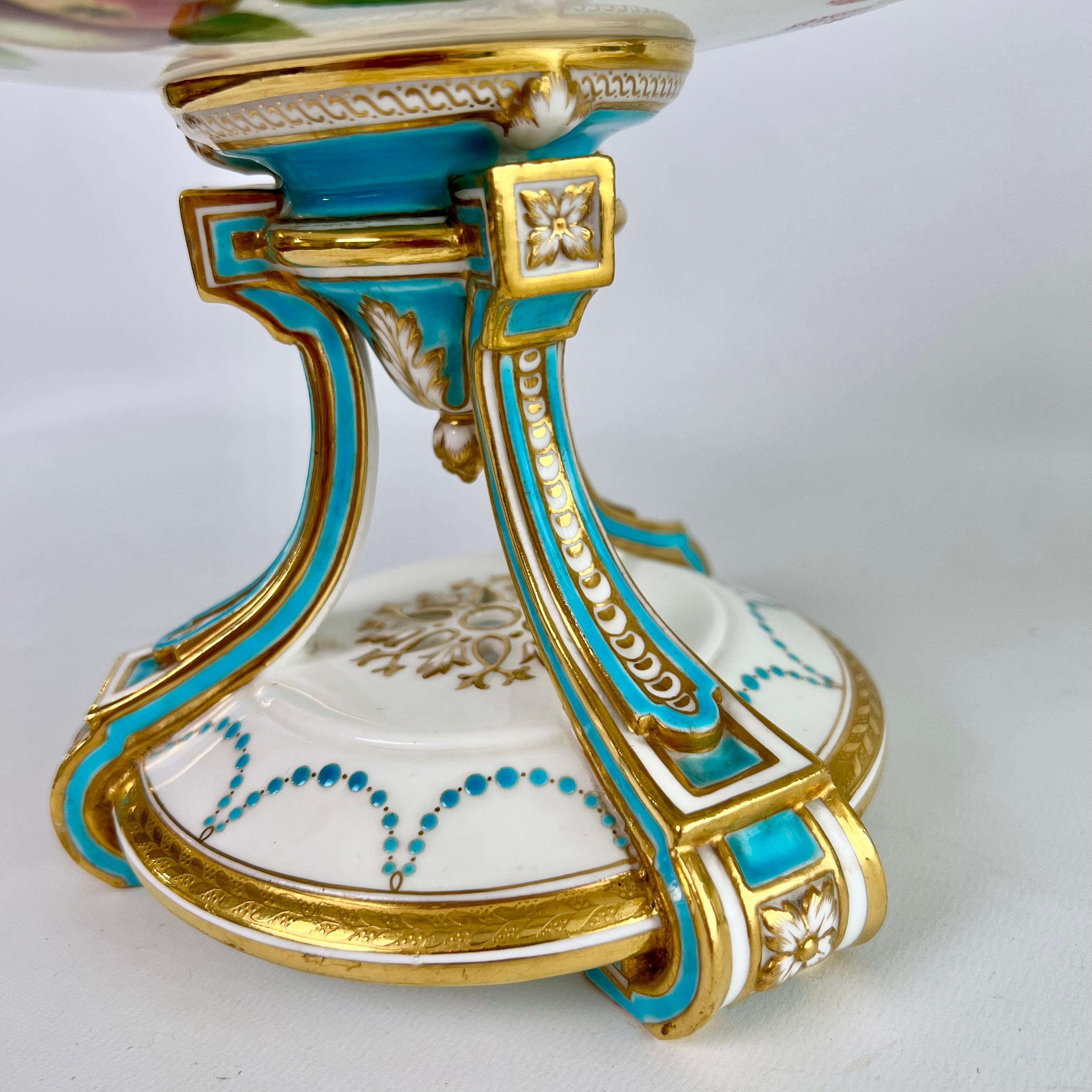 Hand-Painted Minton Porcelain Dessert Service, Turquoise and Gilt, Flowers and Fruits, 1870