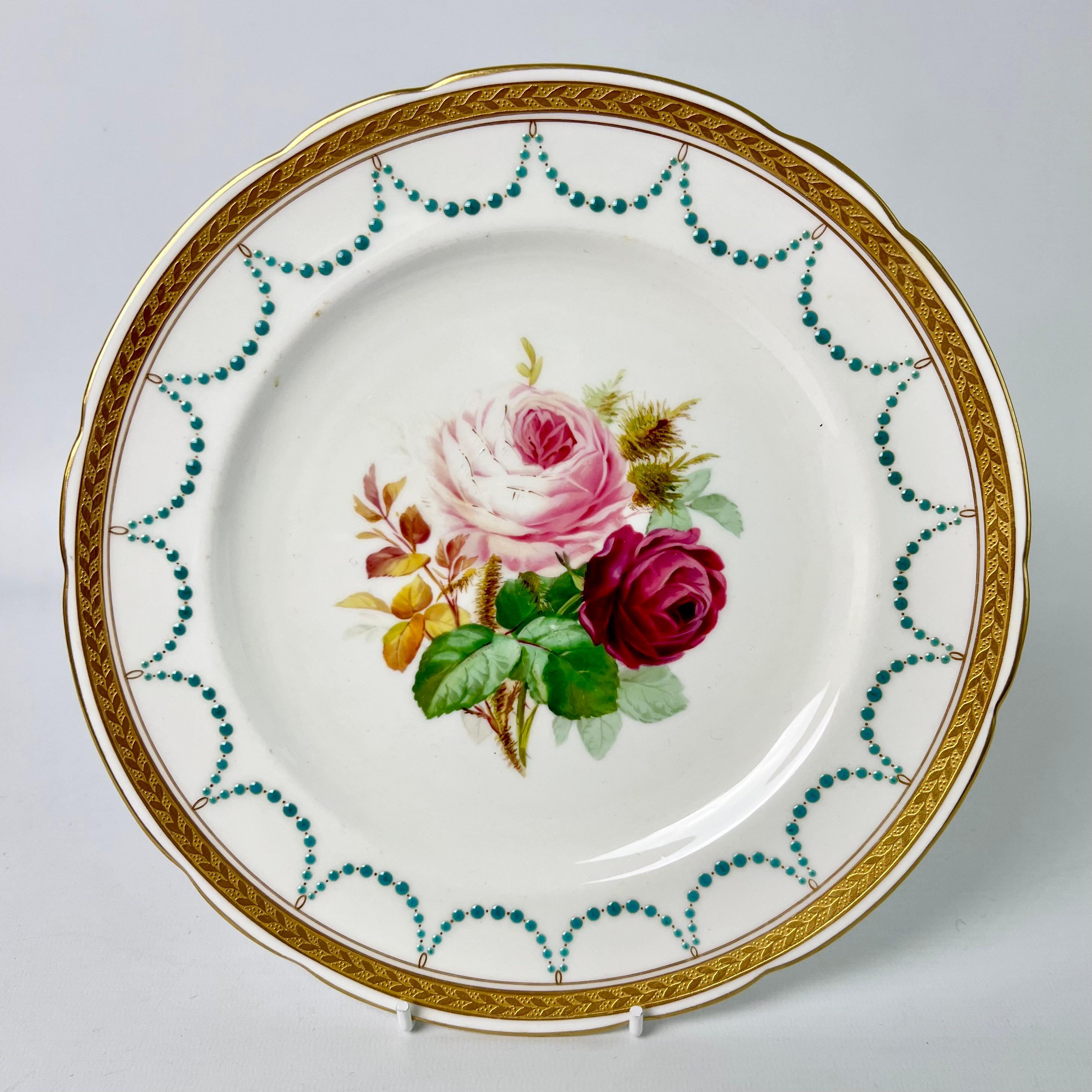 Late 19th Century Minton Porcelain Dessert Service, Turquoise and Gilt, Flowers and Fruits, 1870
