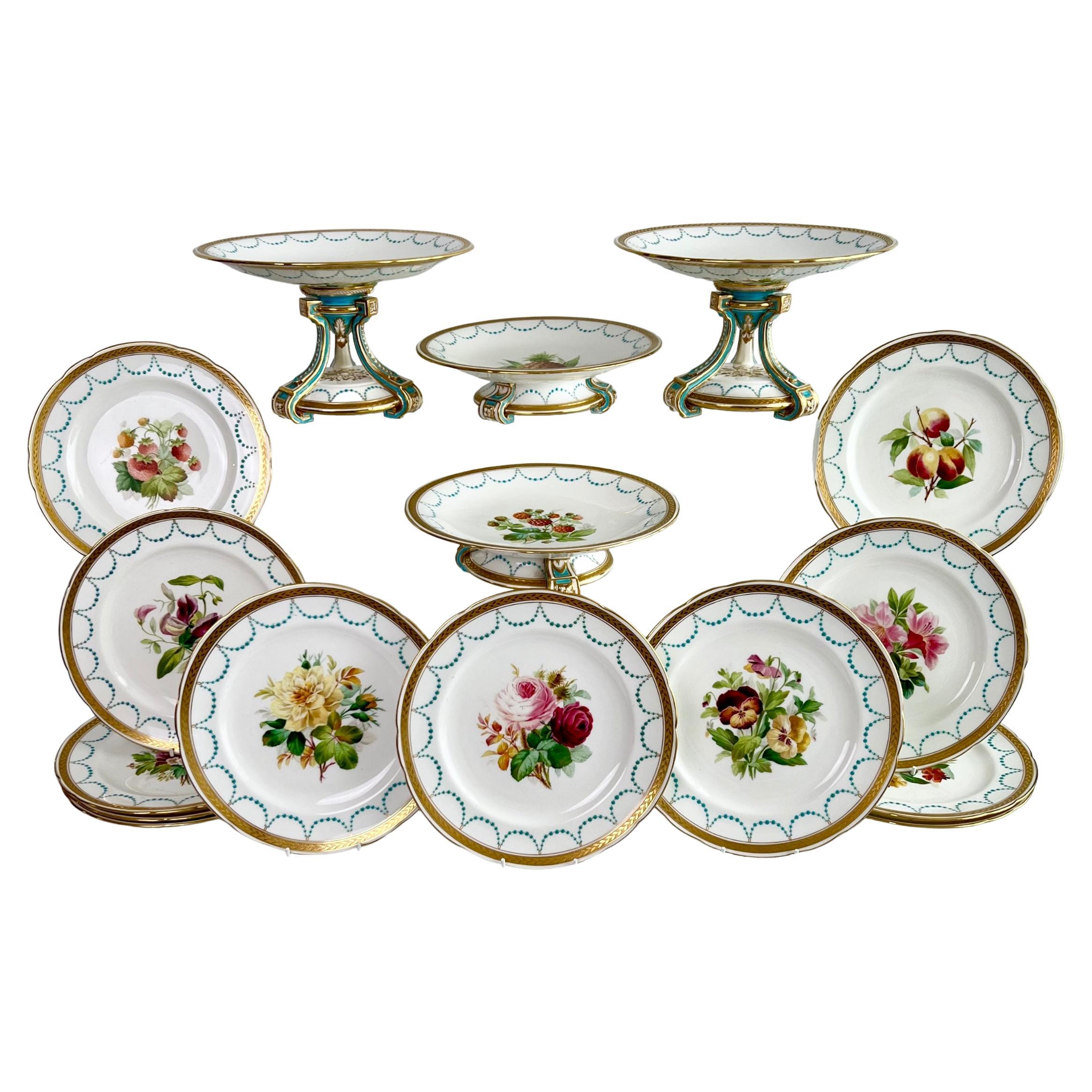 Minton Porcelain Dessert Service, Turquoise and Gilt, Flowers and Fruits, 1870