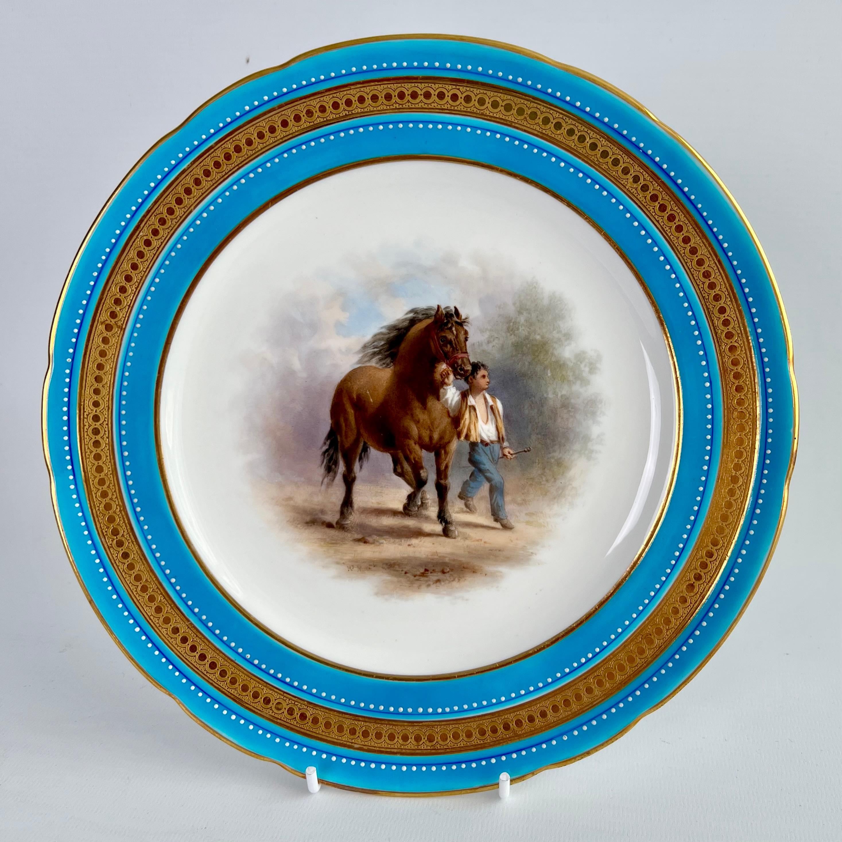 Minton Porcelain Dessert Service, Turquoise, Equestrian Horses, Victorian, 1871 For Sale 9