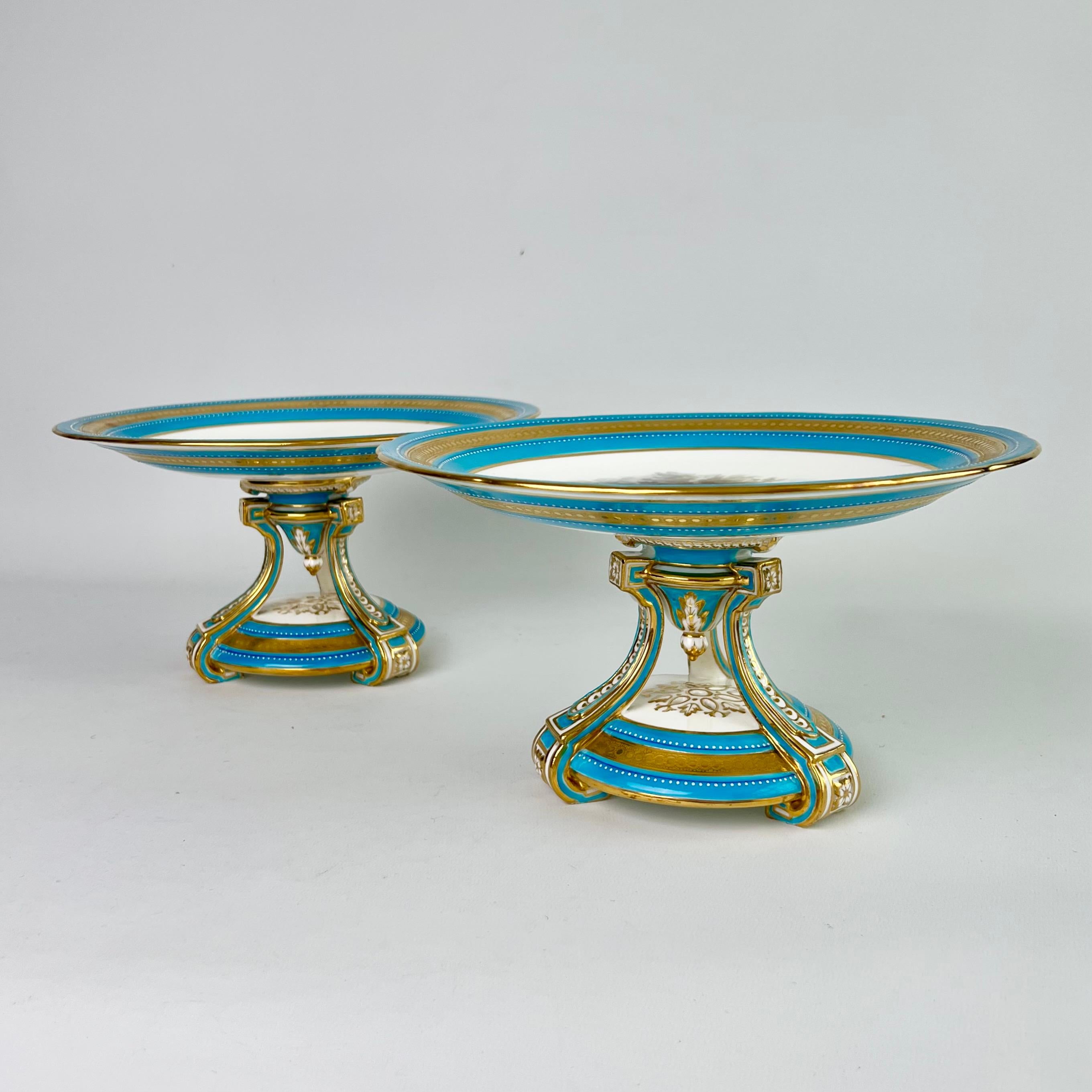 English Minton Porcelain Dessert Service, Turquoise, Equestrian Horses, Victorian, 1871 For Sale