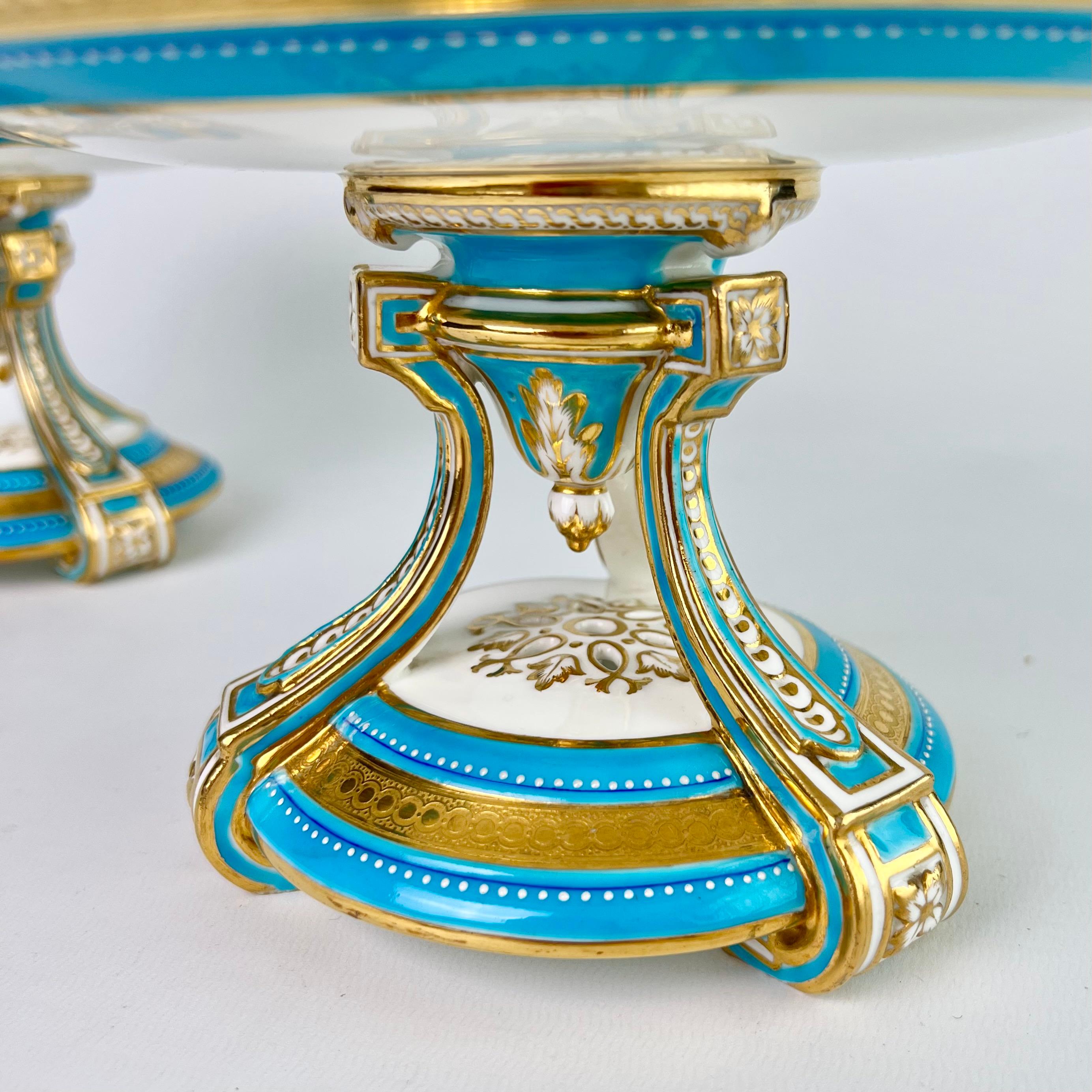 Hand-Painted Minton Porcelain Dessert Service, Turquoise, Equestrian Horses, Victorian, 1871 For Sale