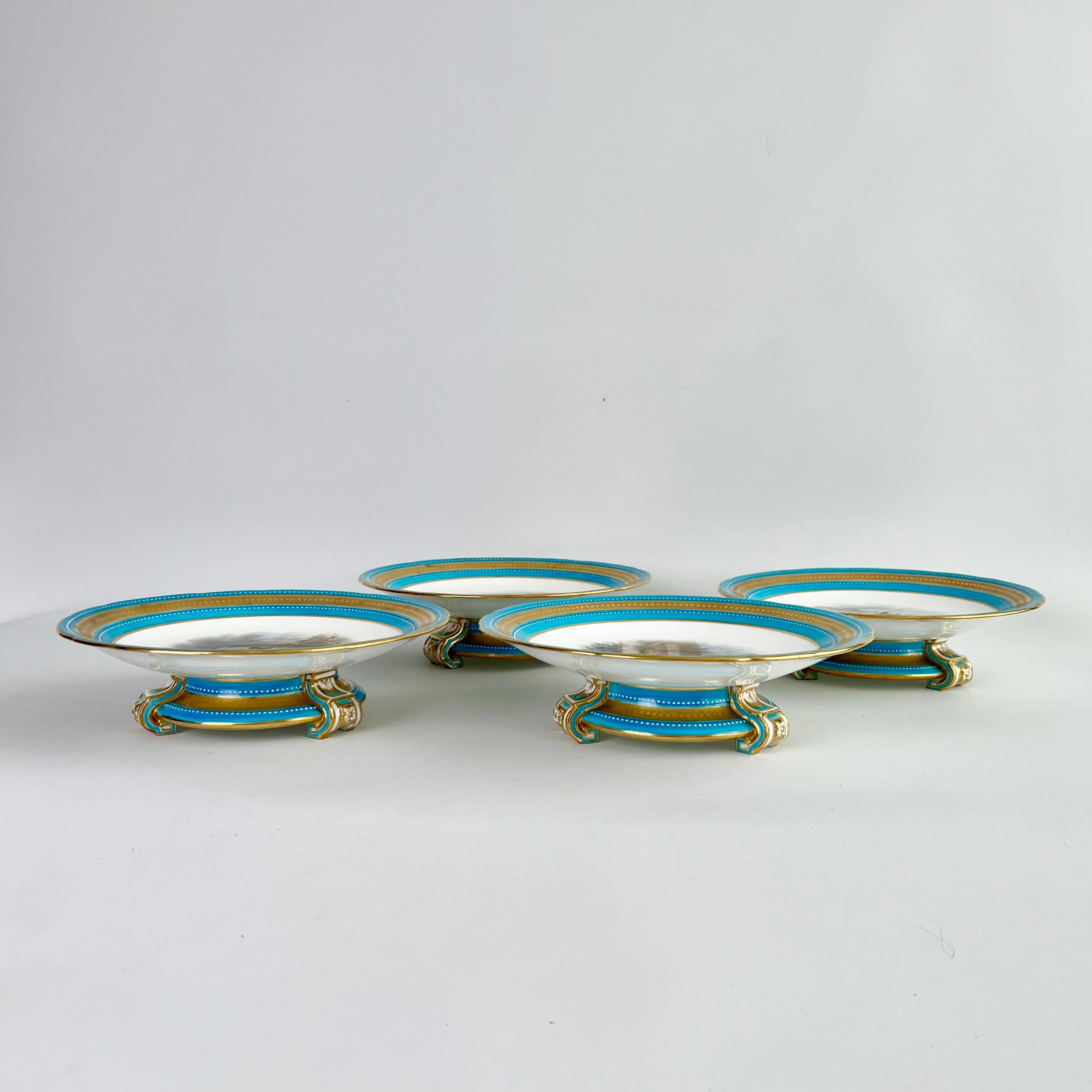 Minton Porcelain Dessert Service, Turquoise, Equestrian Horses, Victorian, 1871 In Good Condition For Sale In London, GB