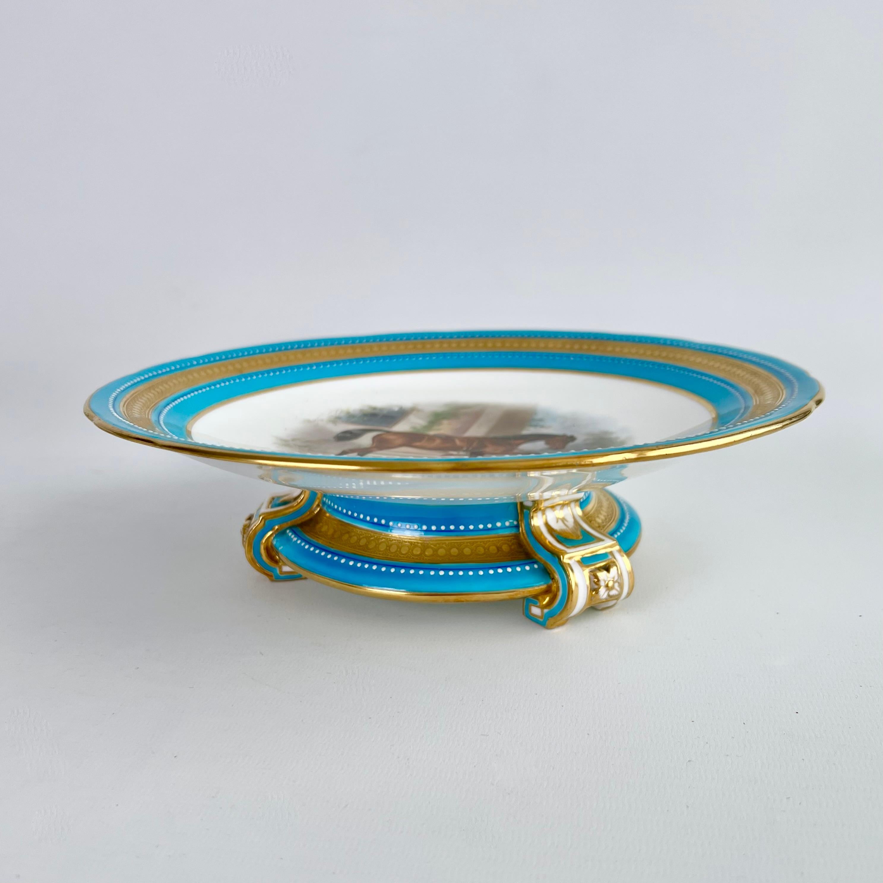 Late 19th Century Minton Porcelain Dessert Service, Turquoise, Equestrian Horses, Victorian, 1871 For Sale